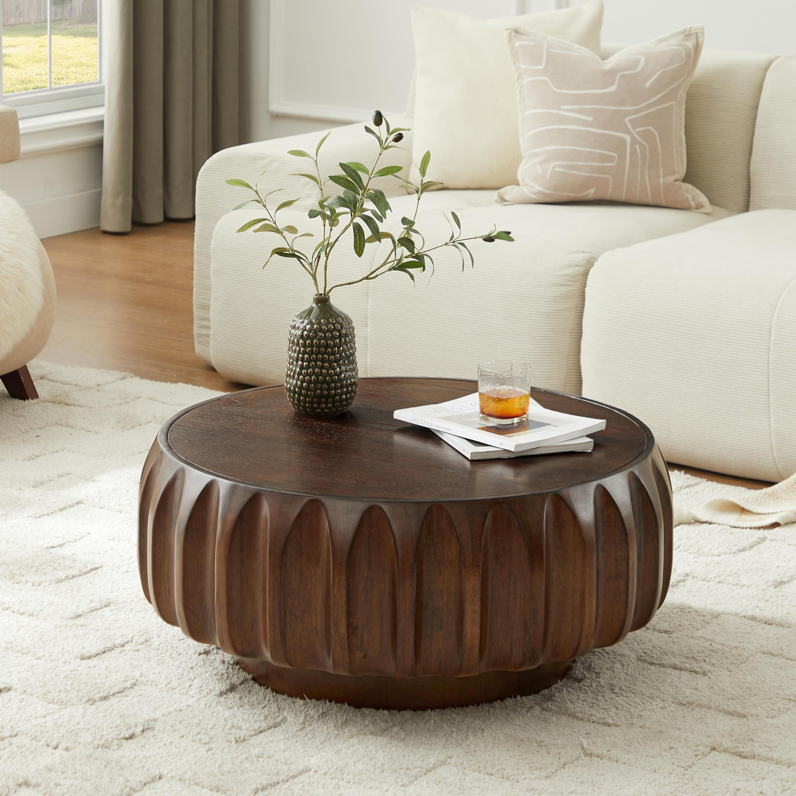 Ball Cast 31 5 Round Solid Wood Coffee Table with Sculptural Carvings Handcrafted Saman Wood Frame Ash Veneer