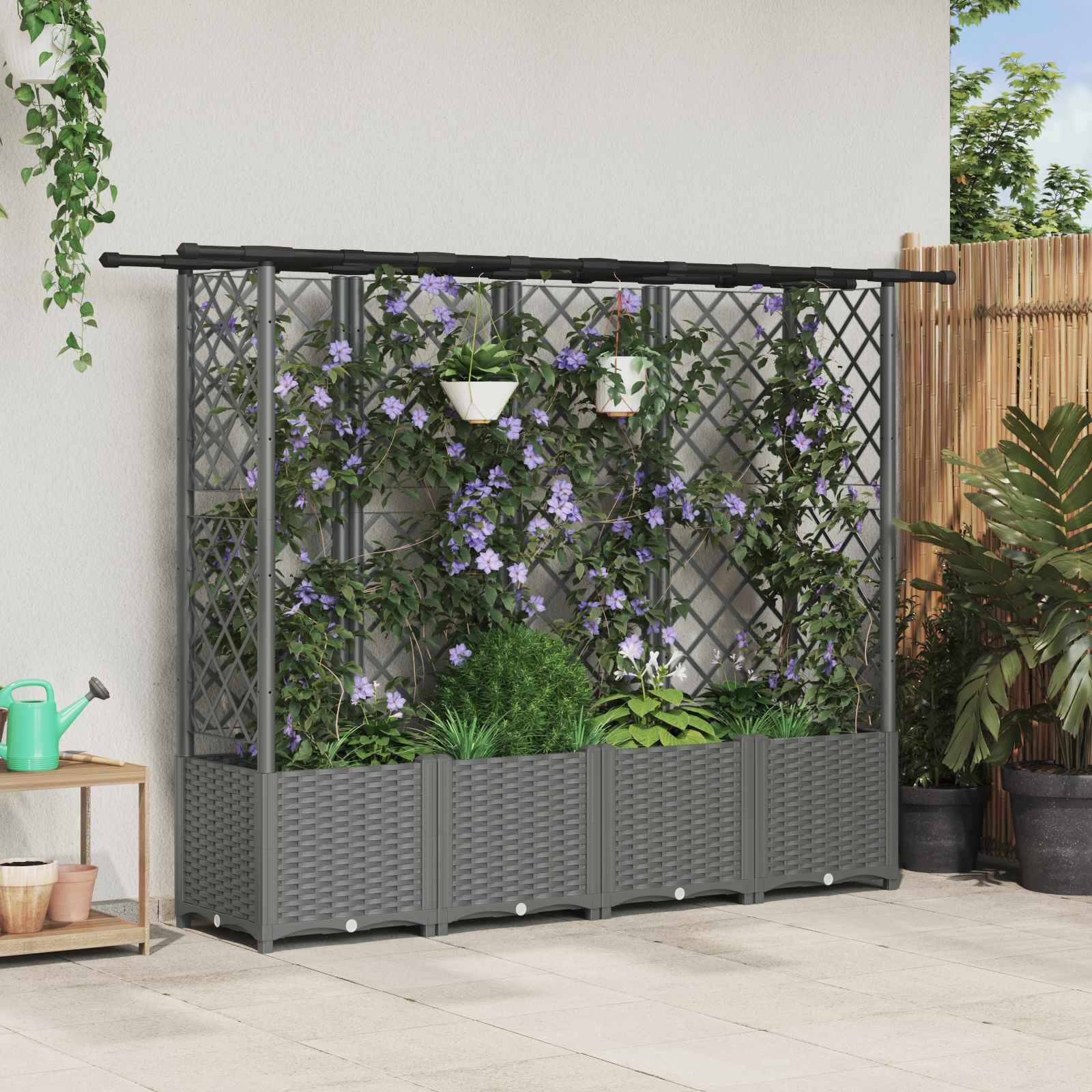 Aiuola rialzata con traliccio e tetto, grigio chiaro, 202 x 40 x 136 cm, in polipropilene | Fioriera flessibile per balcone e terrazza con aiuto per arrampicata integrato e pratico sistema di drenaggio.
