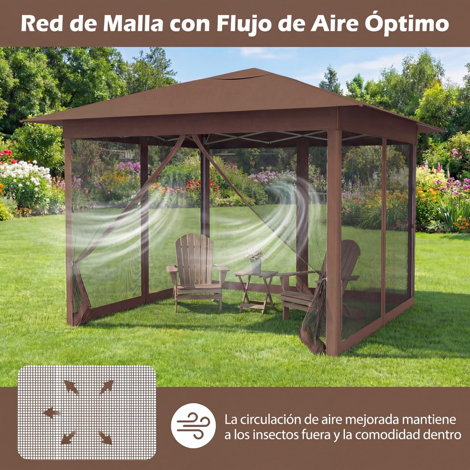 GOPLUS Carpa Plegable 3,5x3,5 cm, Cenador Pop-up de Jardín con 4 Mosquiteras Extraíbles, Altura Ajustable, Bolsa de Transporte, Protección Solar, Gazebo para Fiestas (Marrón,con Mosquiteras)