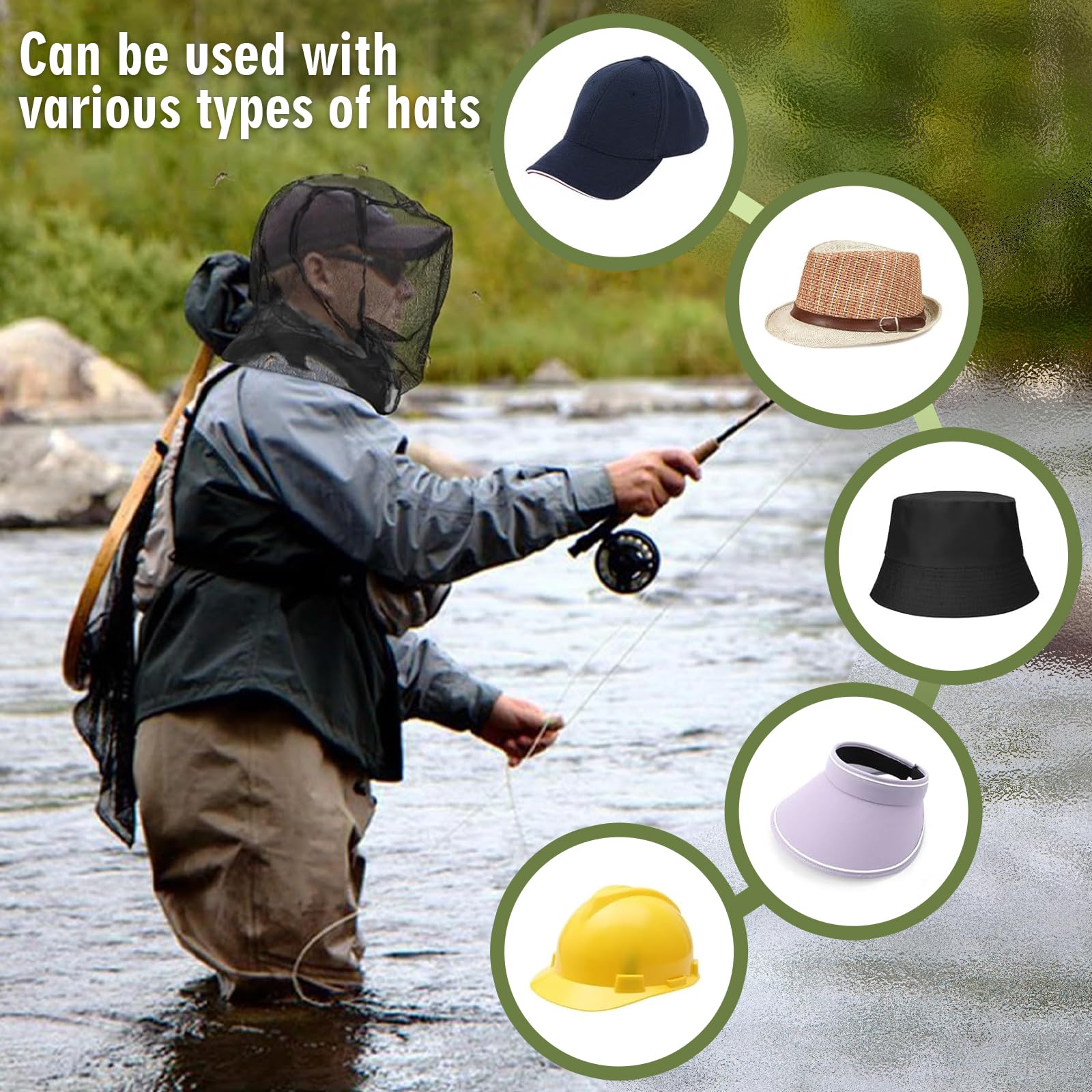 Cappello Antizanzare, 4 Pezzi Cappello con Rete Antizanzare, Maglia Ultra-Fine 522 Fori/pollice², Leggero e Traspirante per Campeggio, Escursionismo, Pesca