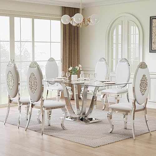 Miniatura 23 de Juego de mesa de comedor de cristal de 70 pulgadas para 6, moderna mesa de cocina de vidrio de 7 piezas y 6 sillas tapizadas de terciopelo, juego