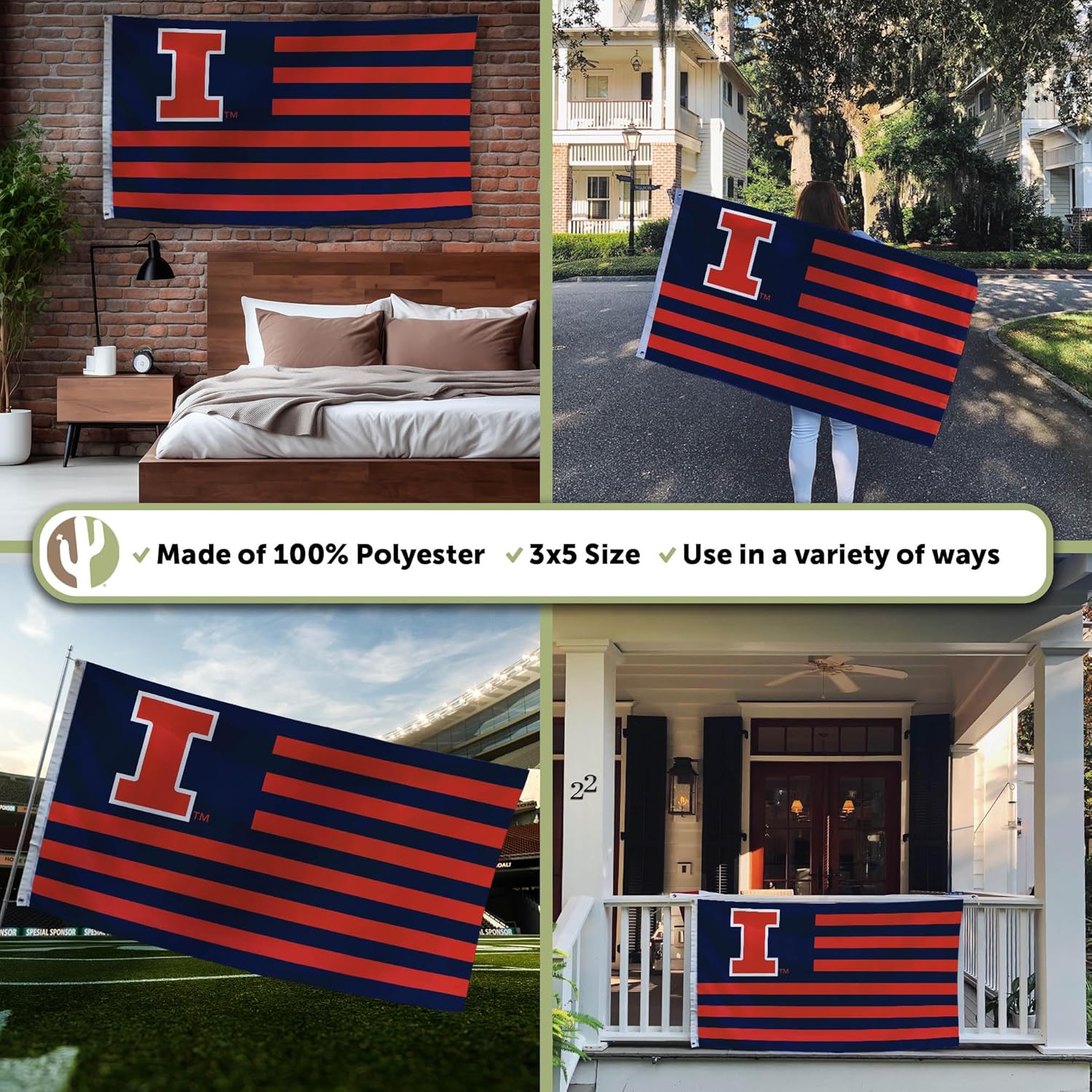Desert Cactus University of Illinois Indoor and Outdoor 100% Polyester University Flag Banner, 3x5 Feet Illini (Nation) - Image 3