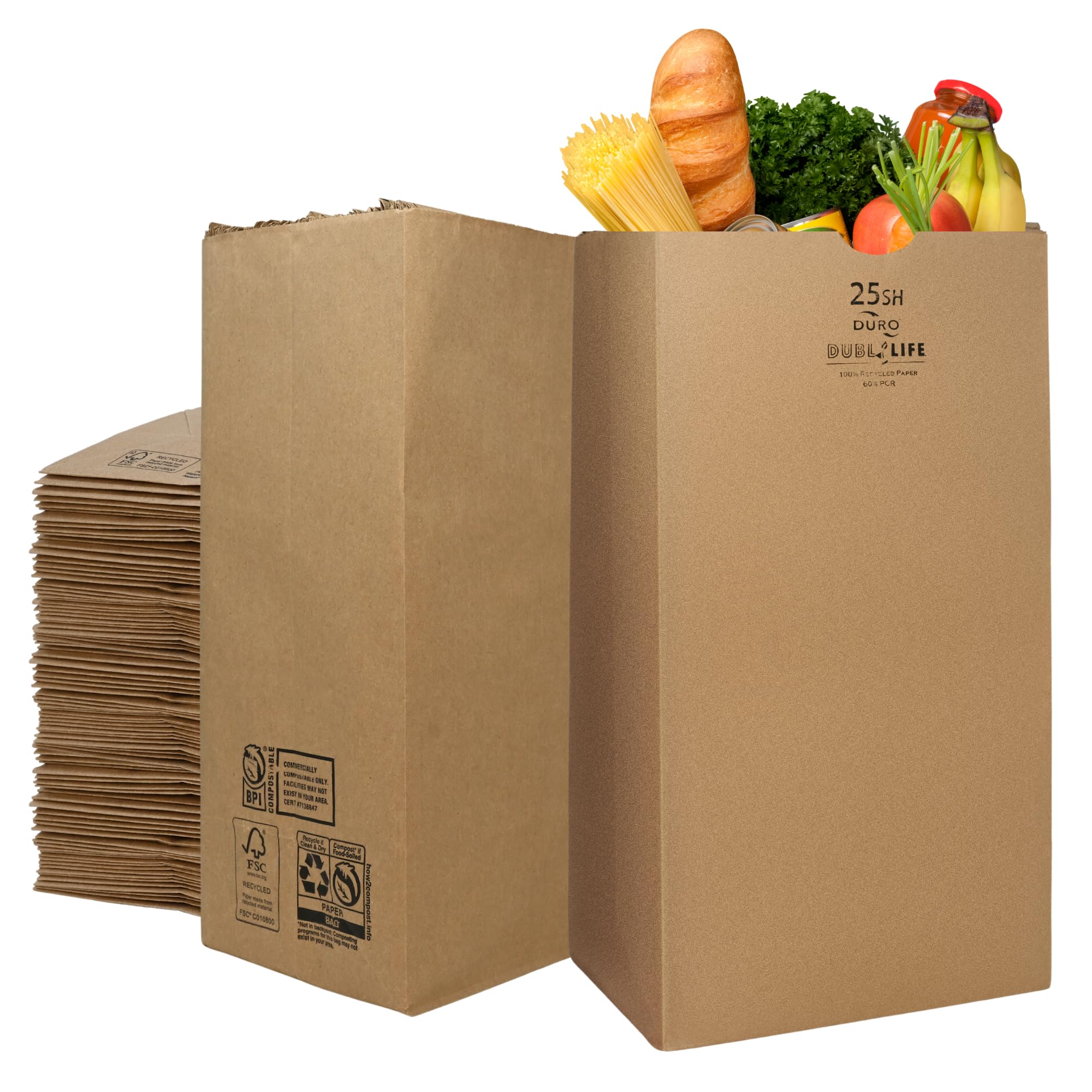 Duro 25# SH Brown Paper Bags Bulk (500 Count), 8.25 x 6.12 x 15.87- Large Grocery Bags for Retail, Craft, Deli, Bread, Sturdy Paper Sacks for Food To