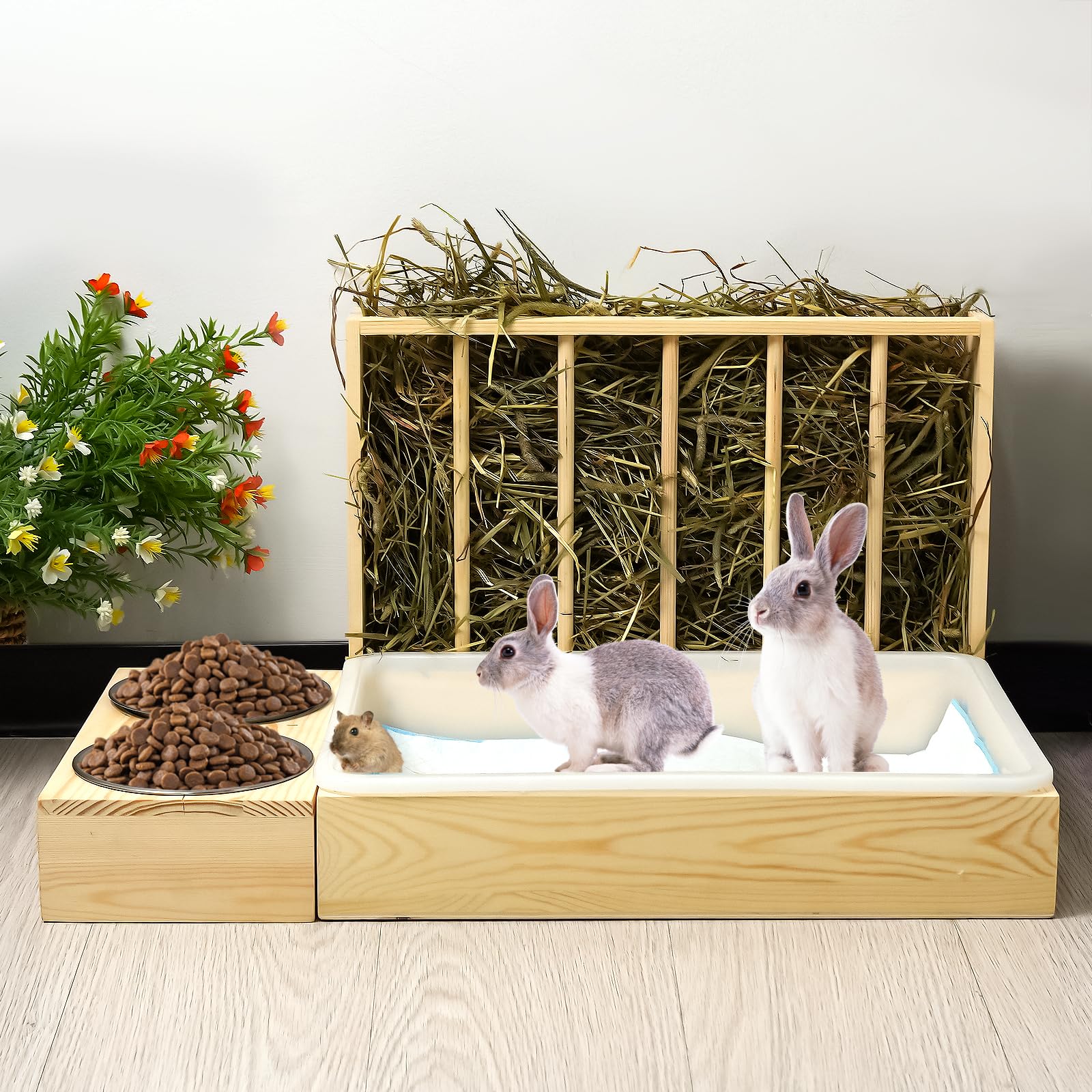 Comedero de heno 3 en 1 con bandeja de arena, cuencos de comida para mascotas, comedero de madera para mascotas pequeñas, conejo, hámster, cobaya
