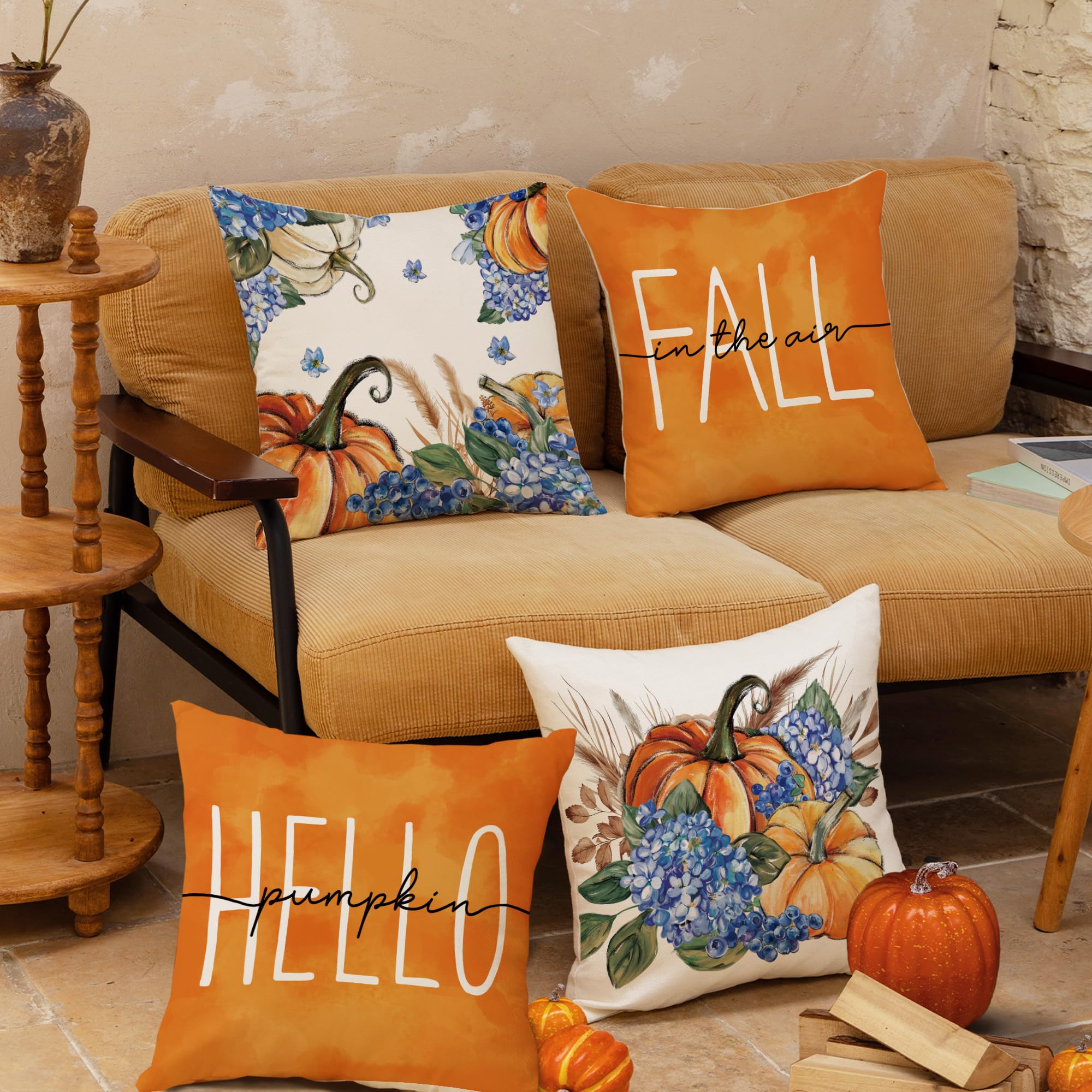Juego de 4 fundas de almohada de calabaza de hortensias otoñales de 18 x 18 pulgadas, diseño de otoño de Acción de Gracias, diseño floral de temporada, para sofá, sillón, diseño de otoño 4