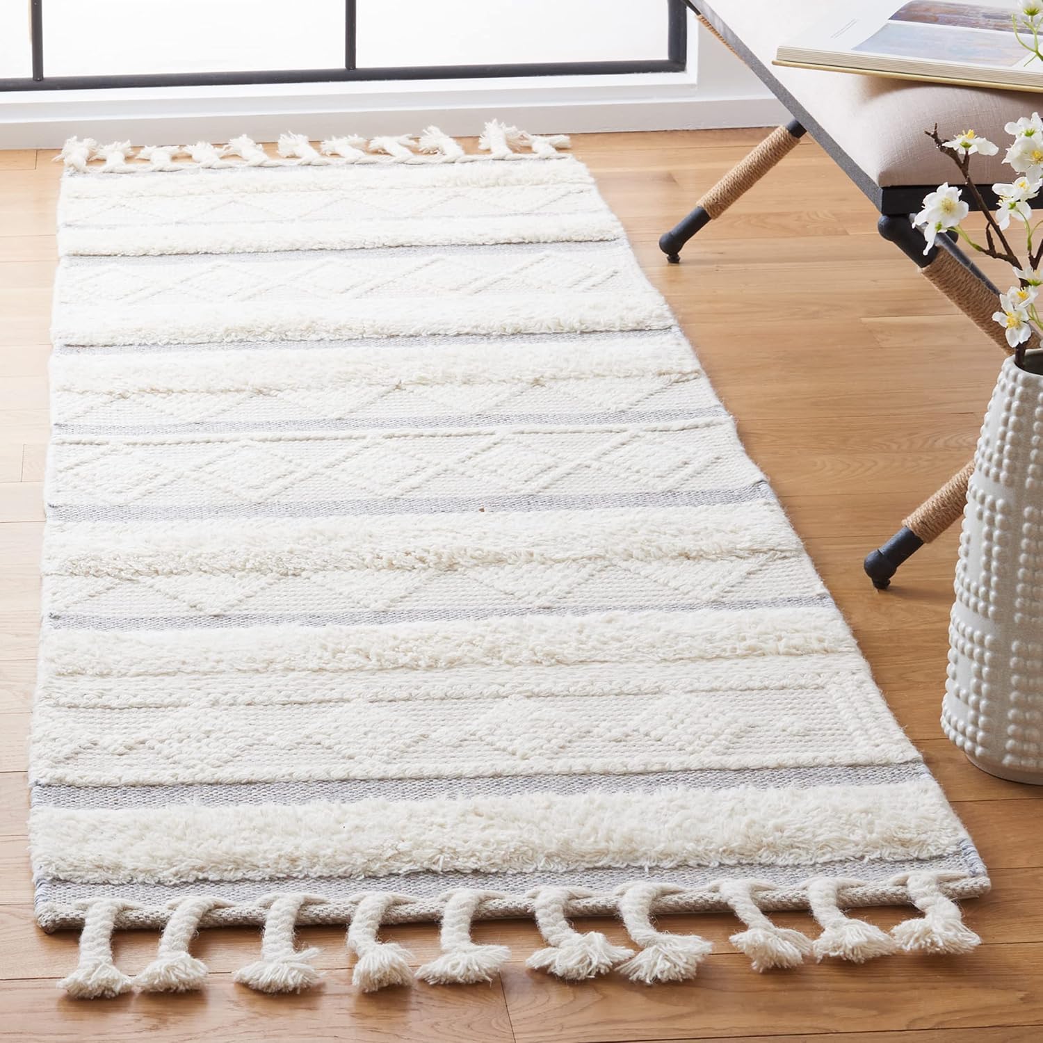 SAFAVIEH Kenya Collection Runner Rug - 2'3" x 8', Ivory & Grey, Handmade Moroccan Boho Tribal Tassel Wool, Ideal for High Traffic Areas in Living Room, Bedroom (KNY959A)