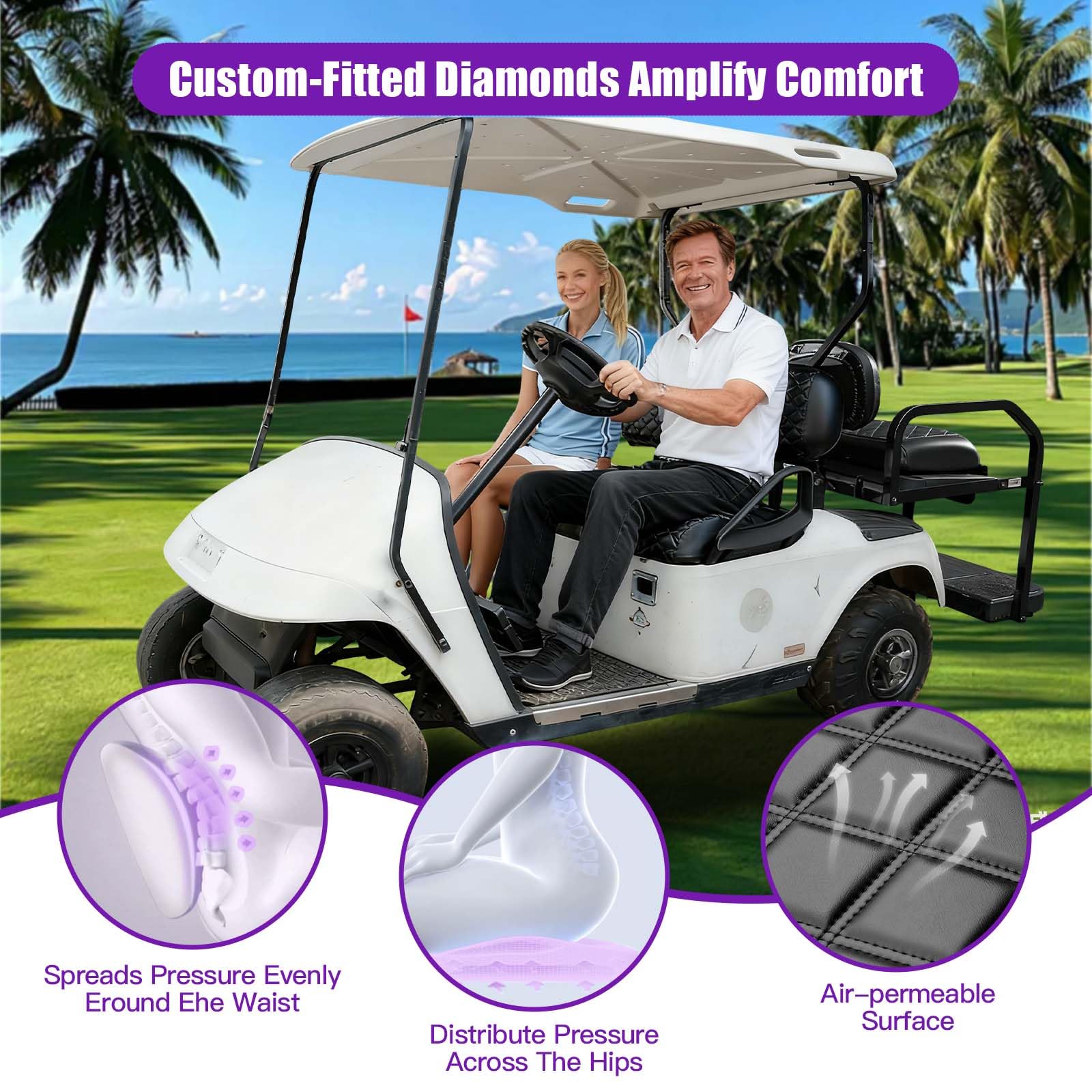 Transverse Diamond Golfwagen-Sitzbezüge-Set, passend für EZGO TXT 1994–2013/EZGO RXV, Vorder- und Rücksitzbezüge, Vinyl-Sitzbezüge, Zubehör, keine Klammern (schwarze und schwarze Nähte), 4