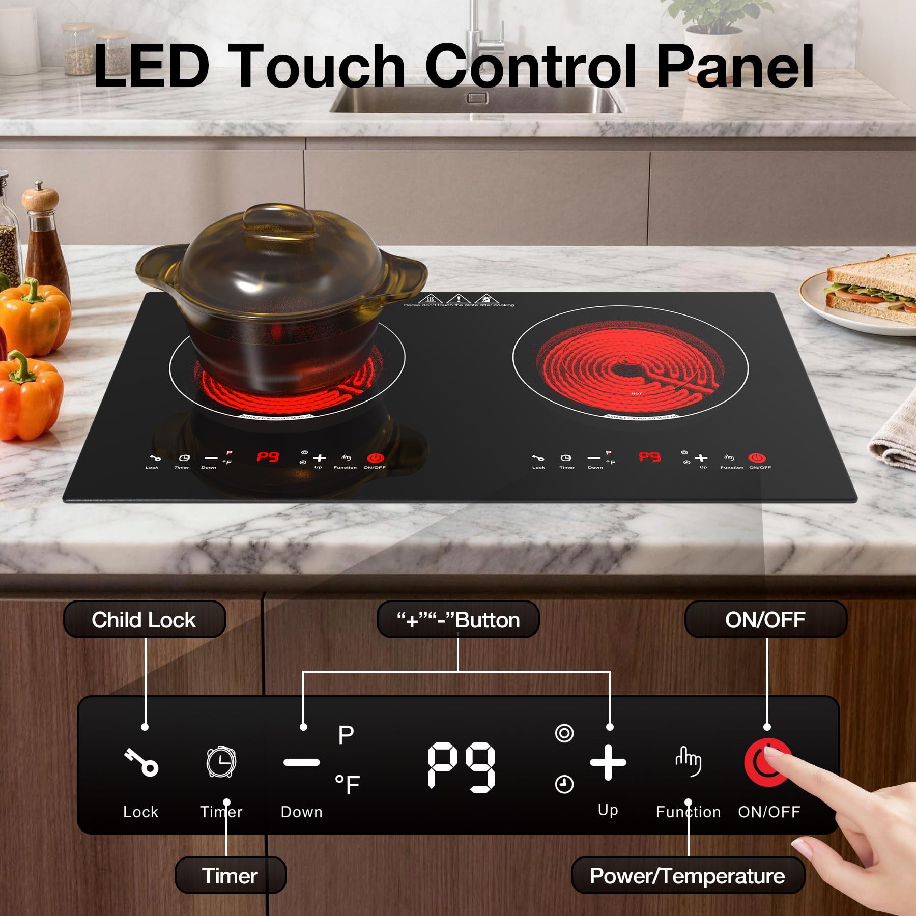 WABK Plaque Vitrocéramique 2 Feux 3600W, Plaque de Cuisson Électrique 60 cm | Encastrable ou à Poser, avec 9 Niveaux et Minuterie, Compatible Tous Récipients, pour Cuisine, Studio et Appartement