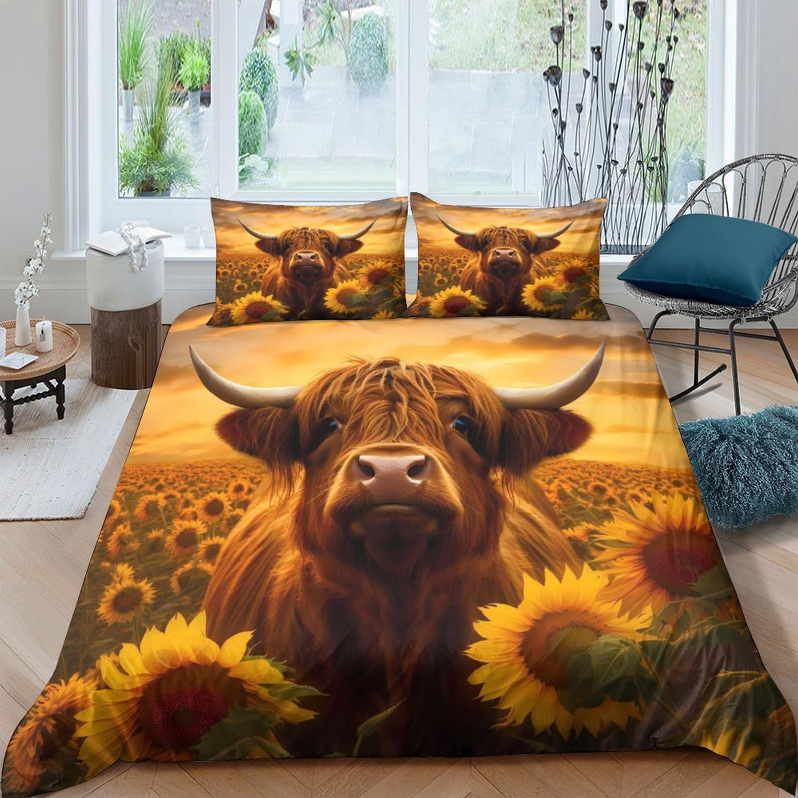 Ctjqhvkz Style-7 3D Printed Highland Cow Sunflower Fitted Sheet Microfiber Non-Slip Bed Cover For Bedroom Guest Room Decor Single（135X200cm）