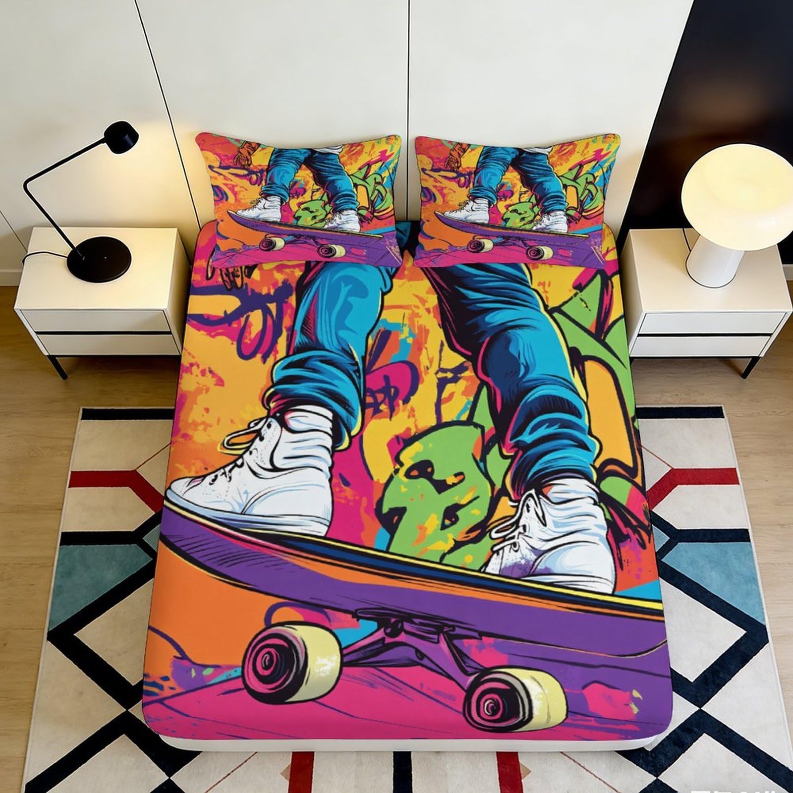 3D Printed Skateboard Graffiti Fitted Sheet Microfiber Vibrant Urban Art Mattress Cover for Bedroom Dorm Decor 90x200x25cm