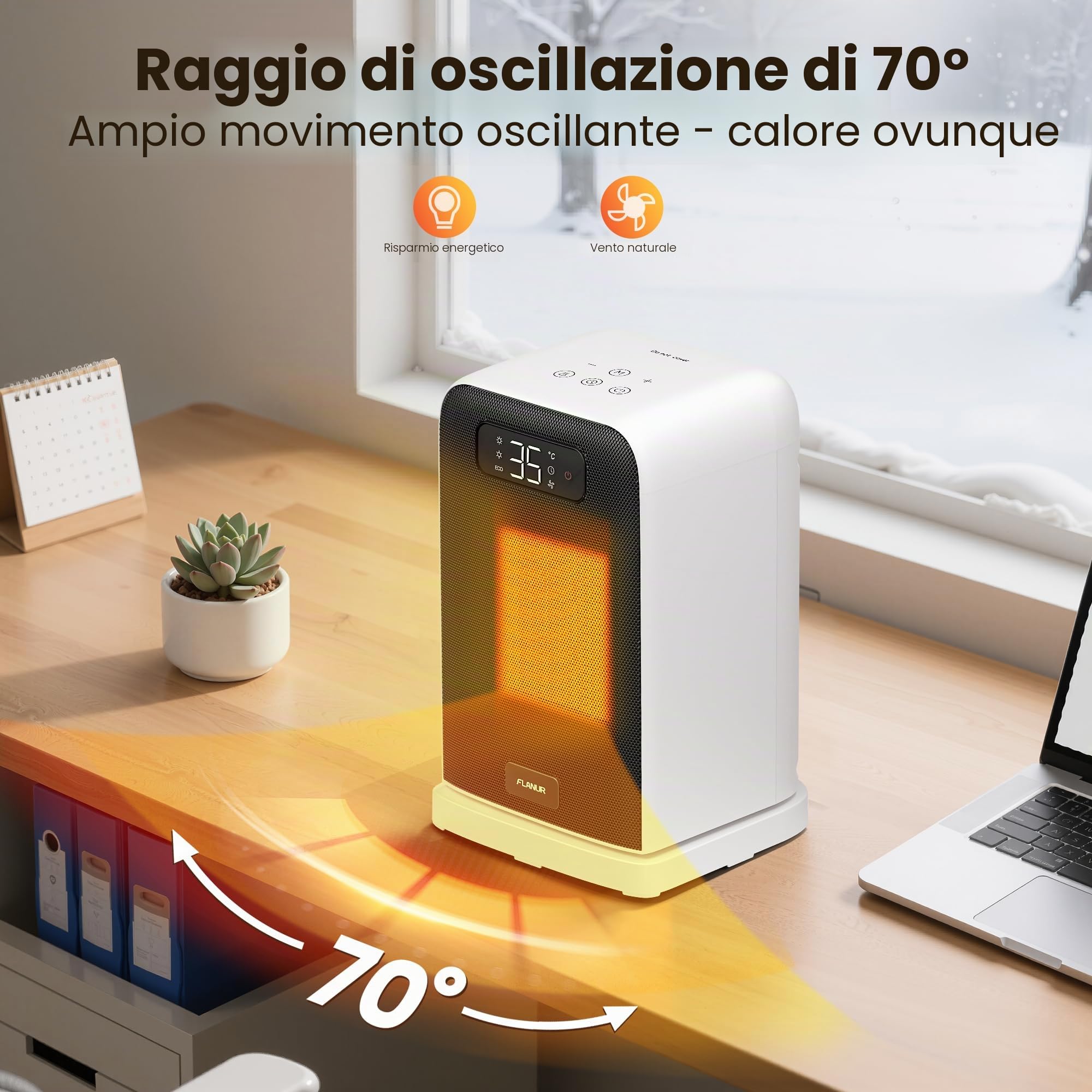 FLANUR Termoventilatore a risparmio energetico, 1500 W PTC, termoventilatore portatile con termostato e modalità ECO, termoventilatore 2 in 1, display digitale, timer da 12 ore, riscaldamento