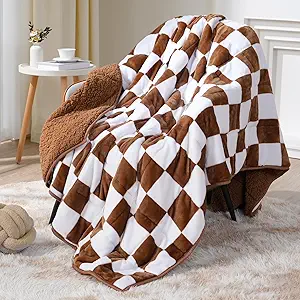 Cottonblue Checkerboard Weighted Blanket for Adults Twin Size 15 lbs 48" x 72", Fluffy Sherpa Flannel Heavy Weighted Throw Blankets for Bed Couch Sofa, Ultra Soft Cozy Bed Blanket, Plaid Khaki