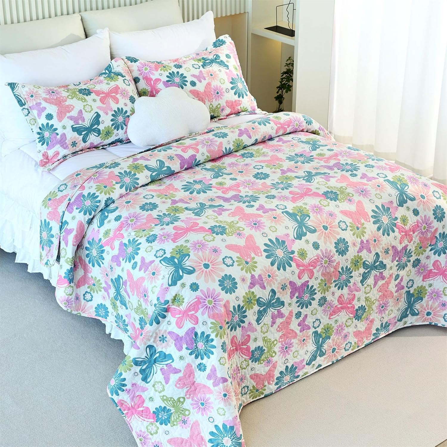 Cmfshape Romantic Pink&Blue Quilt Set Queen Size,Reversible Bedspread Coverlet 3-Piece,Floral Bed Cover Set with Pillow Shams,Lightweight Microfiber Bedding Set for All Season (Pink&Blue,90x90)