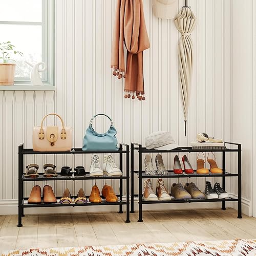 Miniatura 7 de Zapatero de 3 niveles para armario, organizador de almacenamiento de zapatos de metal ajustable para entrada, dormitorio, dormitorio, estante