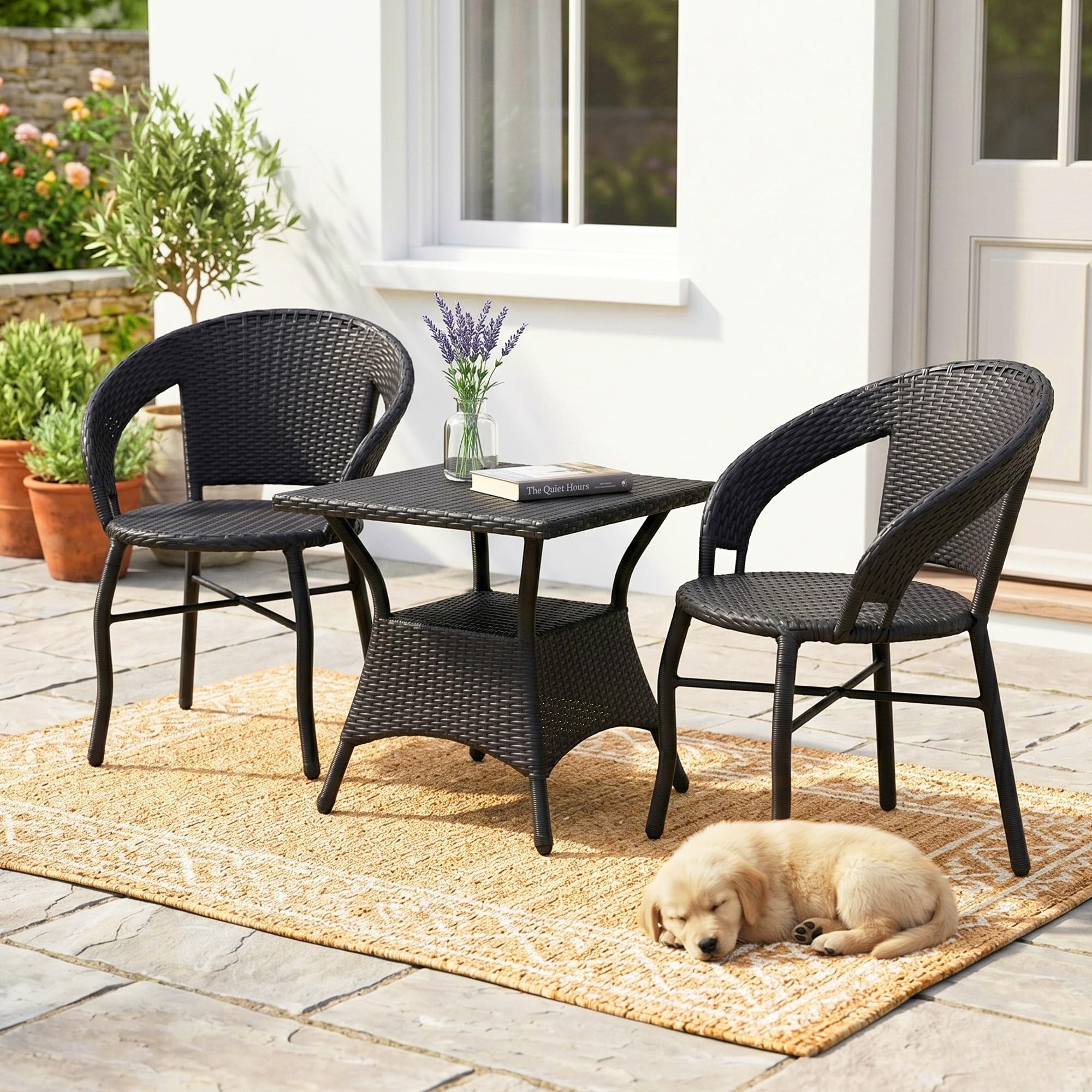 DEVOKO Outdoor Wicker 3 Piece Patio Bistro Set with Coffee Table, Handwoven Rattan Chairs, Powder-Coated Metal Frame Furniture for Balcony, Porch & Garden (Black)-image-37