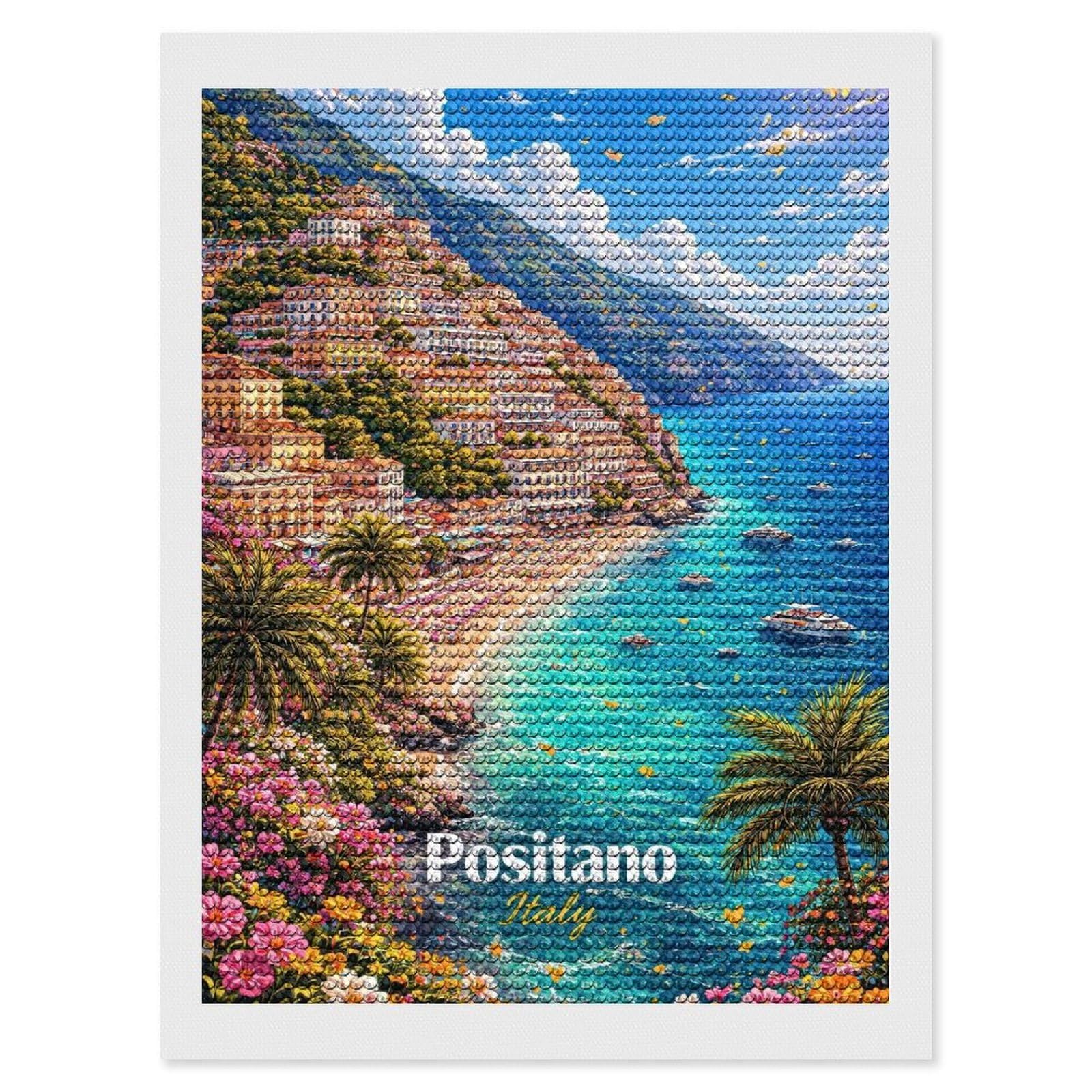 Junmoney Positano Italy Coastal Town Diamond Painting Kit 12"x16", Adhesive Canvas, Home Wall Decor, for Beginners, Birthday Gift, Full Kit Included