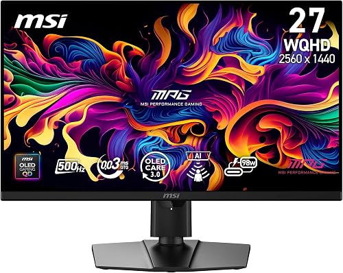 MSI MPG 271QR QD-OLED X50 27-Inch WQHD QD-OLED Monitor, 2560 x 1440, 500Hz, 0.03ms, DisplayHDR True Black 500, AMD FreeSync Premium Pro, G-SYNC Compatible, AI Care Sensor, HDMI2.1, DP 2.1, 98W USB-C - 1