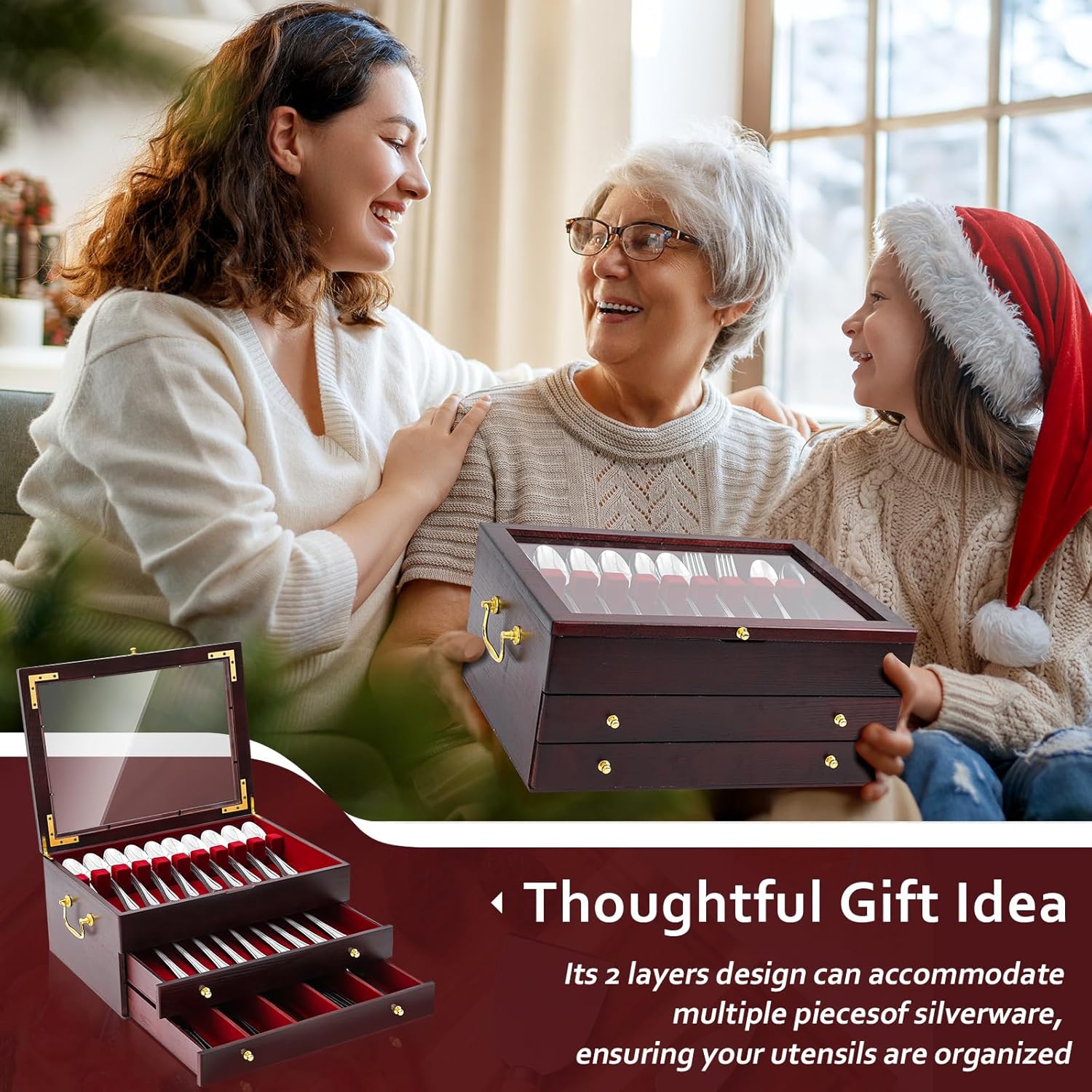 Novabright Wooden Silverware Storage Box, Silverware Chest Case with Glass Lid Flatware Organizer with Handle Felt Lined for Flatware Utensils Home Decor Gift(3 Layer) - Image 4