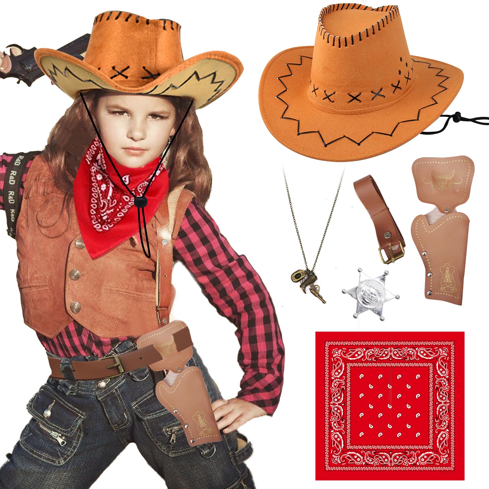 5 Pcs Western Cowboy Accessories Set for Adults Kids, Farm Cowboy Costume Fancy Dress Kit with Cowboy Hat, Sheriff Badge, Red Bandana, Belt Holster, Necklace for Halloween Party Dress Up Day