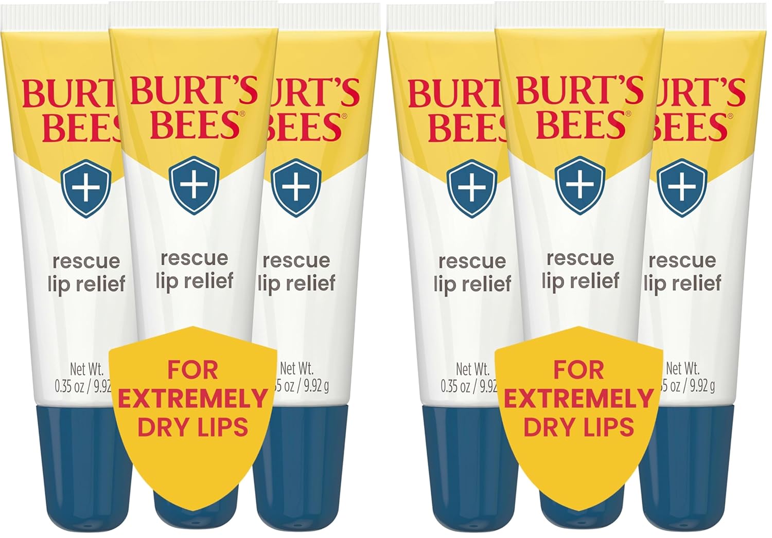 Burt's Bees Rescue Lip Relief for Valentine's Day, Original, Hydrating Lip Balm for dry lips with Responsbily Sourced Beeswax & Shea Butter, 100% Natural Origin, 3 Squeezy Tubes, 0.35oz, (Pack of 2)