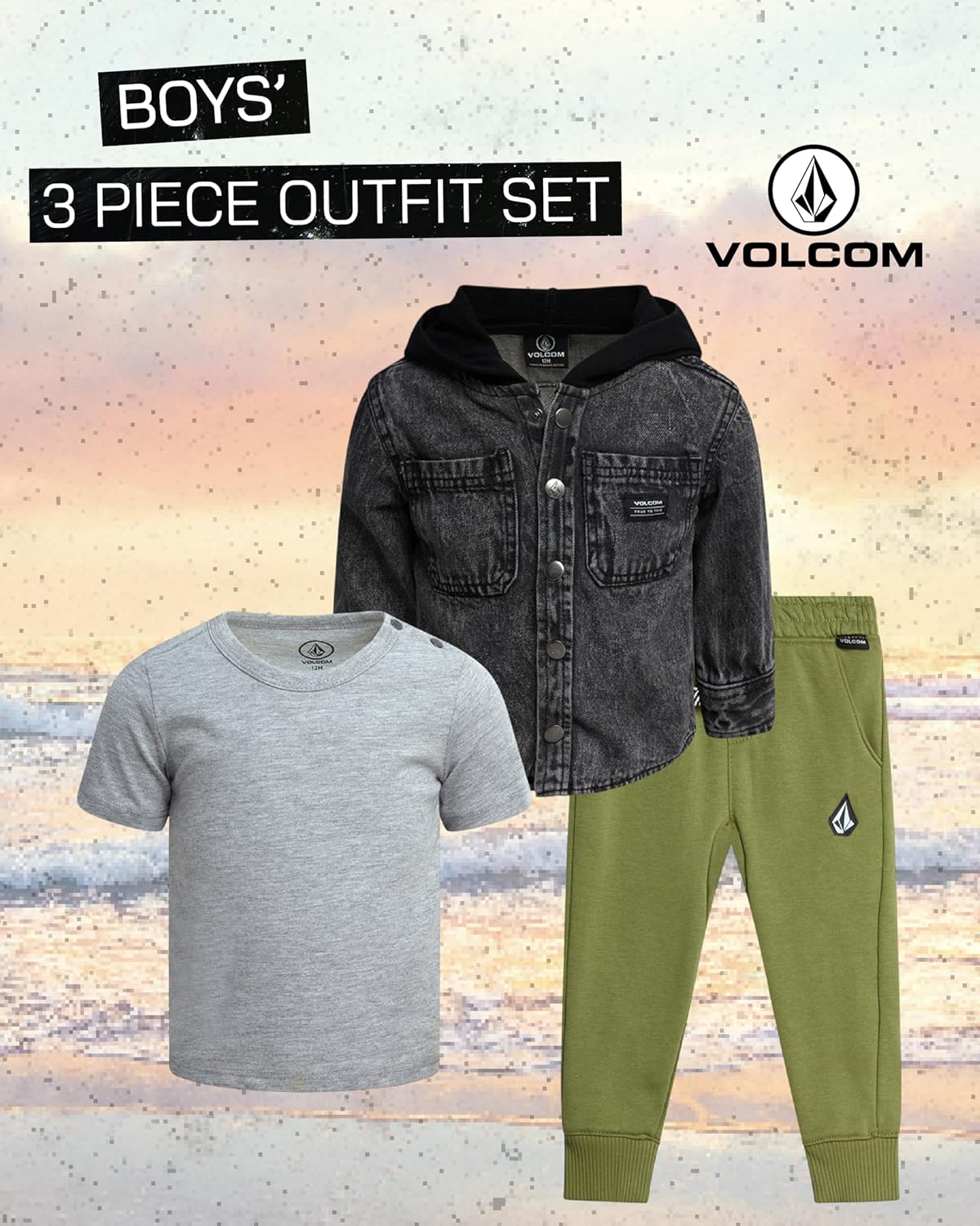 Volcom Baby Boys Pants Set - 3 Piece Sherpa Lined Soft Fleece Shacket Short Sleeve Graphic Tee & French Terry Jogger Pants - Image 2