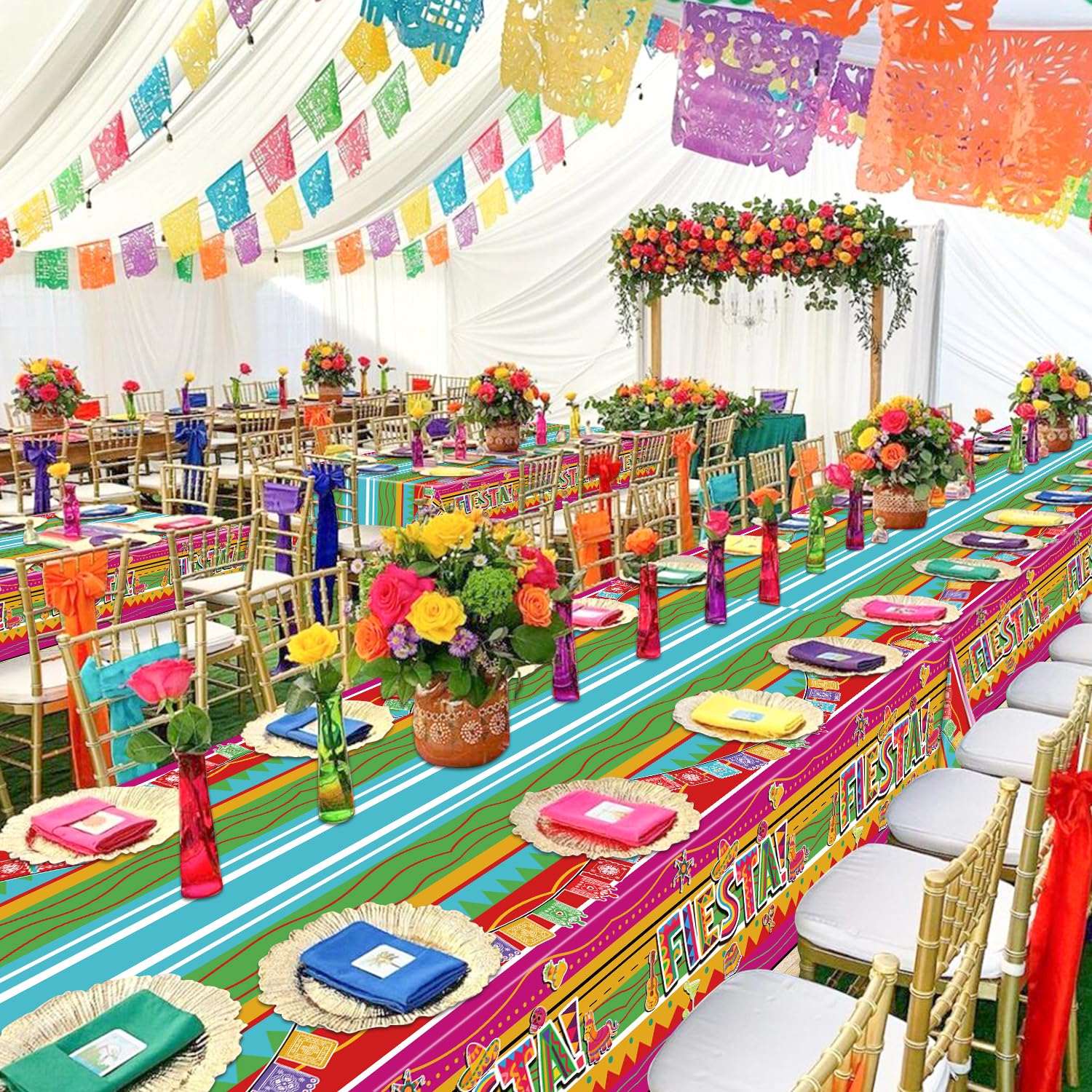 Fiesta Party Tablecloth Set Of 4 - 54x108 Inch Mexican Taco Night Decorations, Plastic & Waterproof - View #2