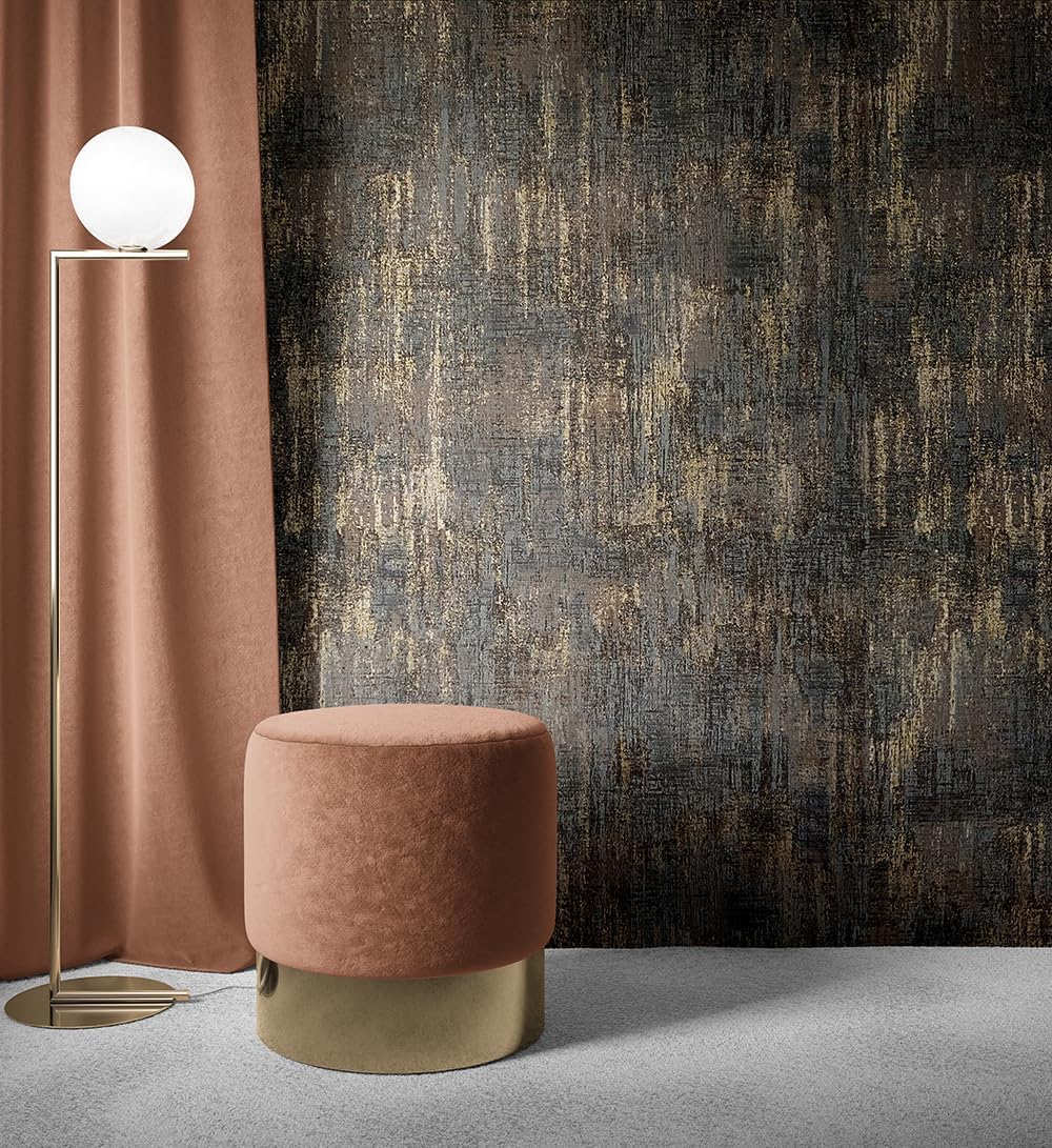 Peel and Stick Wallpaper Industrial Textured Metallic Wallpaper Self Adhesive Distressed Wall Paper Roll, 20.8'' X 236.0'', Charcoal & Gold
