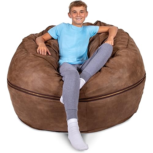 Big Joe Fuf Large Foam Filled Bean Bag Chair with Removable Cover, Coffee Soft Vegan Leather, 4 feet Big