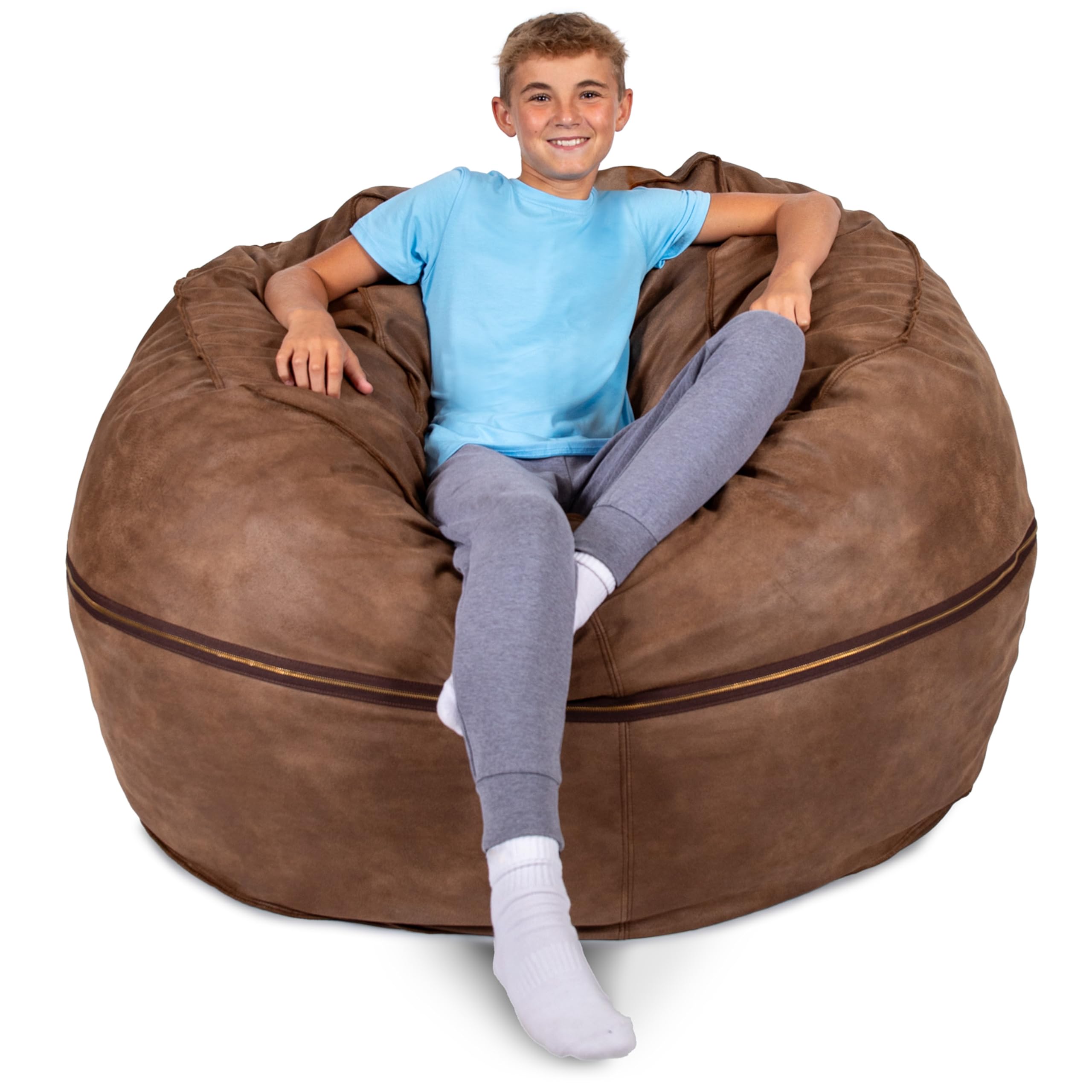 Big Joe Fuf 5Ft Oversized Foam Bean Bag Chair with Removable Cover for Kids, Teens, Adults, Coffee Soft Vegan Leather, 5 Foot Large Reading and Gaming Seat