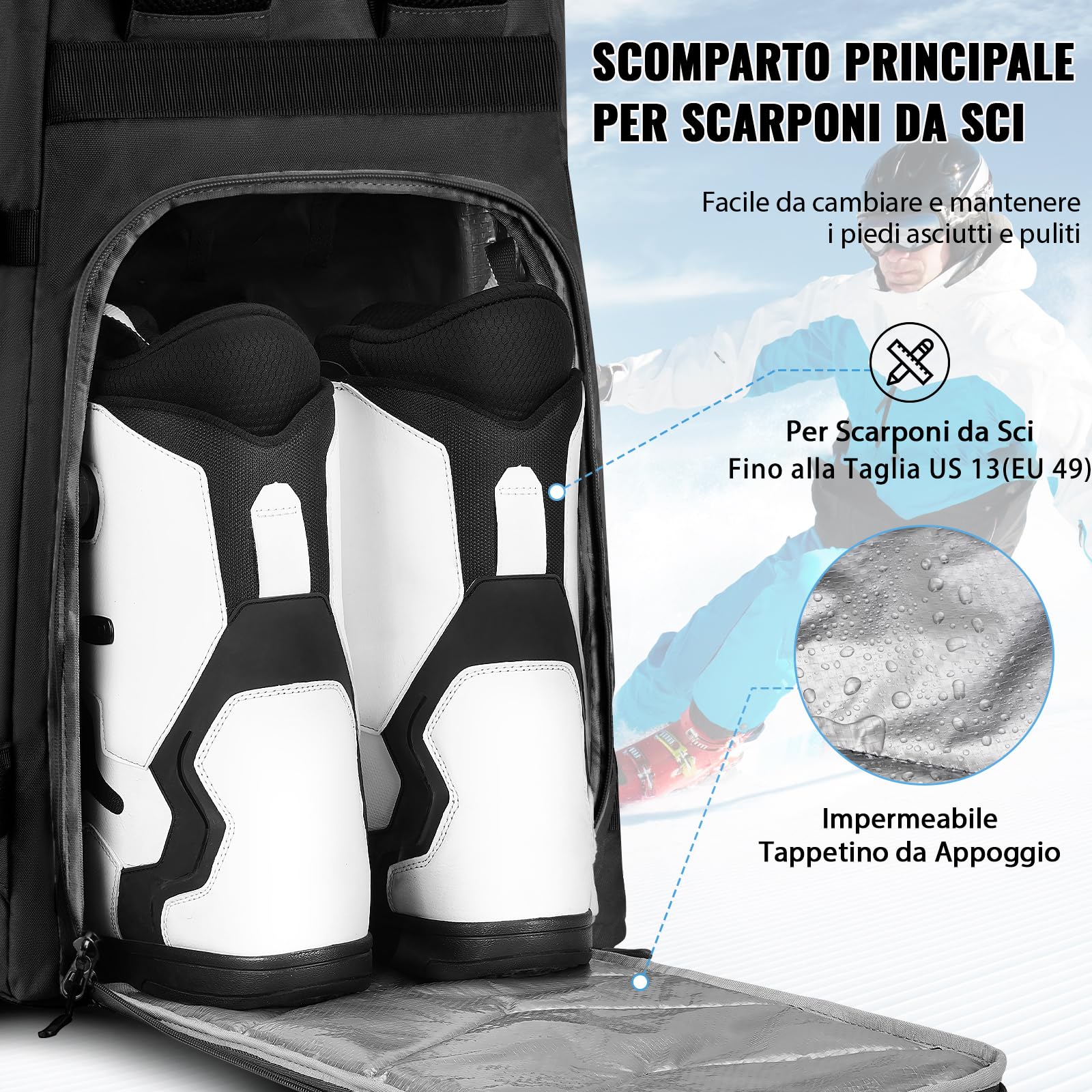 YOREPEK Zaino Porta Scarponi Sci, Impermeabile Sacca Porta Scarponi da Sci e Casco, 65L, Grande Zaino Snowboard con 8 Scomparti Separati per Casco, Occhiali, Guanti, Giacca, Attrezzatura Sciistica
