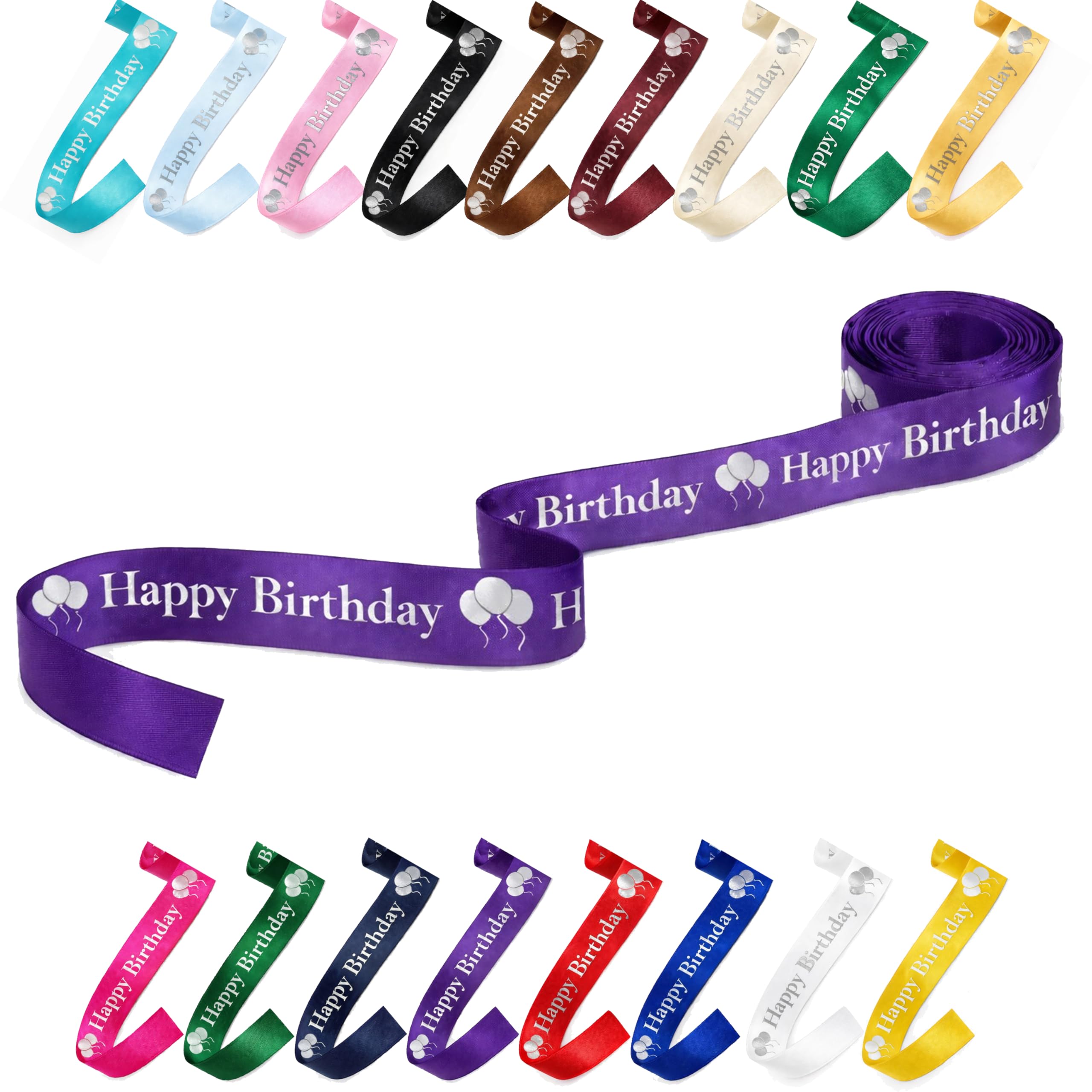 25mm (1") Wide Happy Birthday Luxury, Vibrant Satin Ribbon for Gift Wrapping, Flower Bouquet, Crafts, Balloons, Party Decoration with Metallic Silver Text & Balloon Print (Purple, 10 Metres)