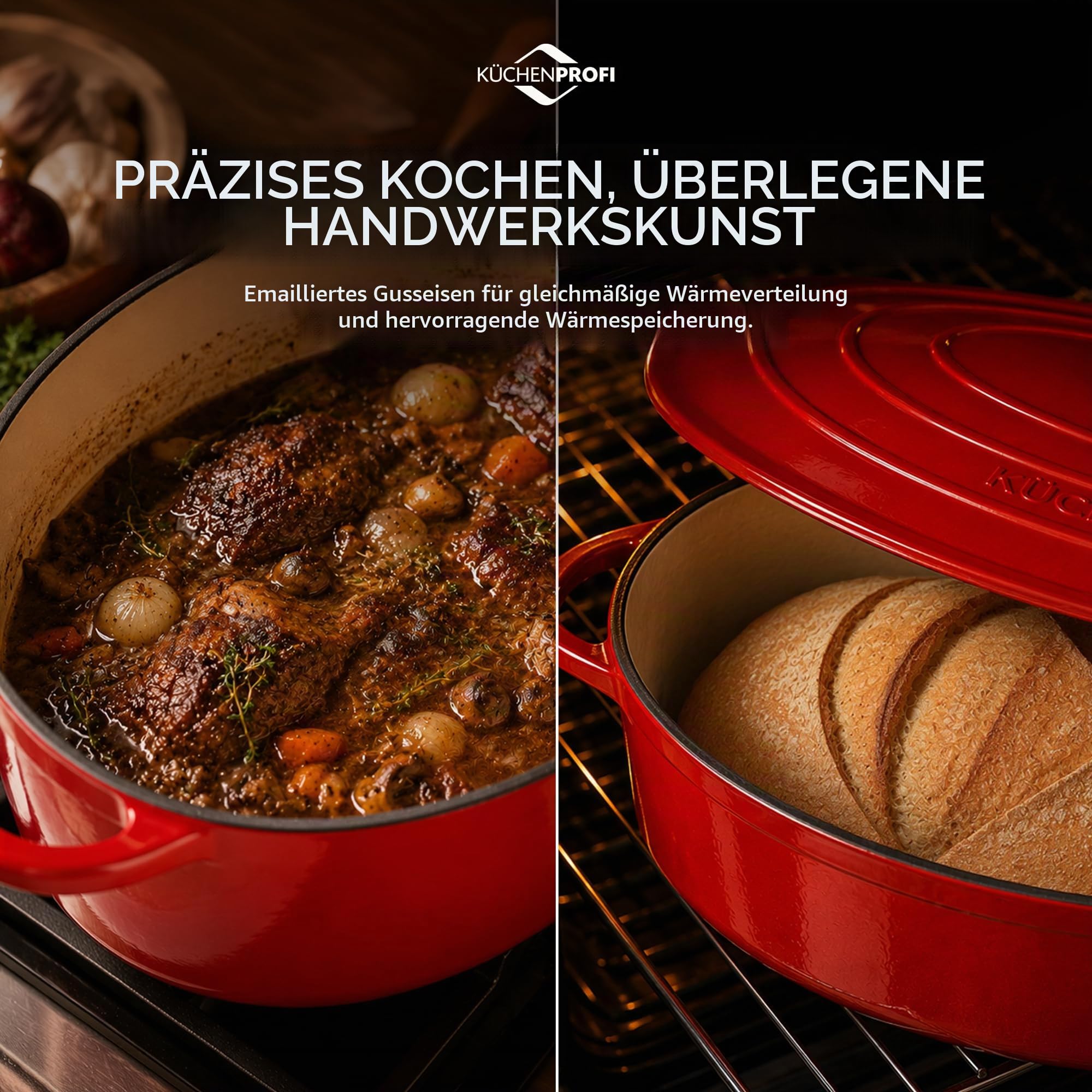 Küchenprofi Bratentopf Provence Oval mit Deckel aus Gusseisen in der Farbe Rot Fassungsvermögen 6L, Maße: 31cm x 12cm, 04 0200 04 31