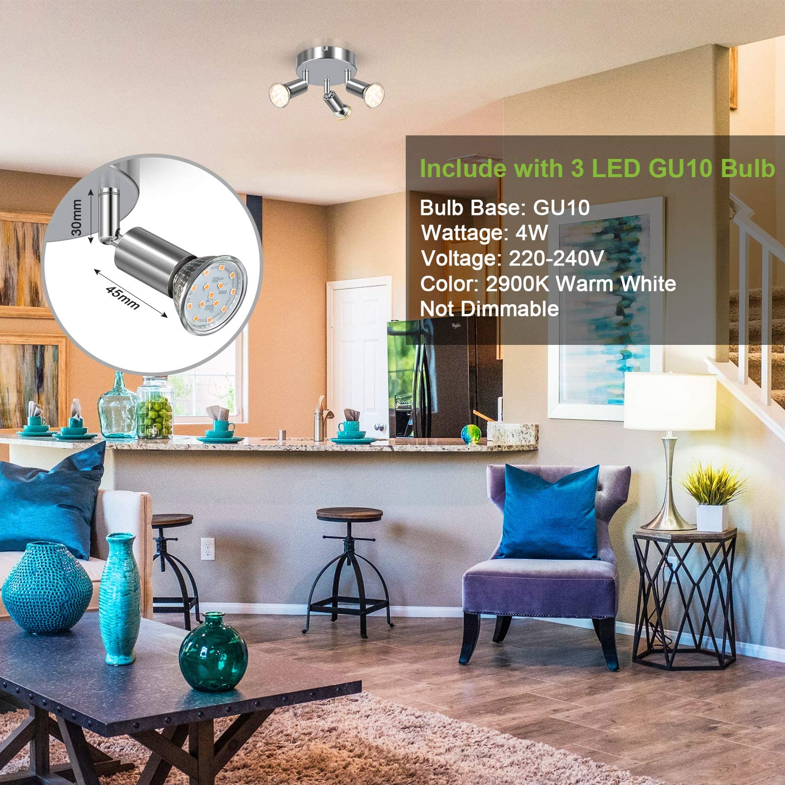 MiniSun | Modern Polished Chrome 3 Way Round Plate Ceiling Spotlight | Ceiling Spots, Home Décor - View #9