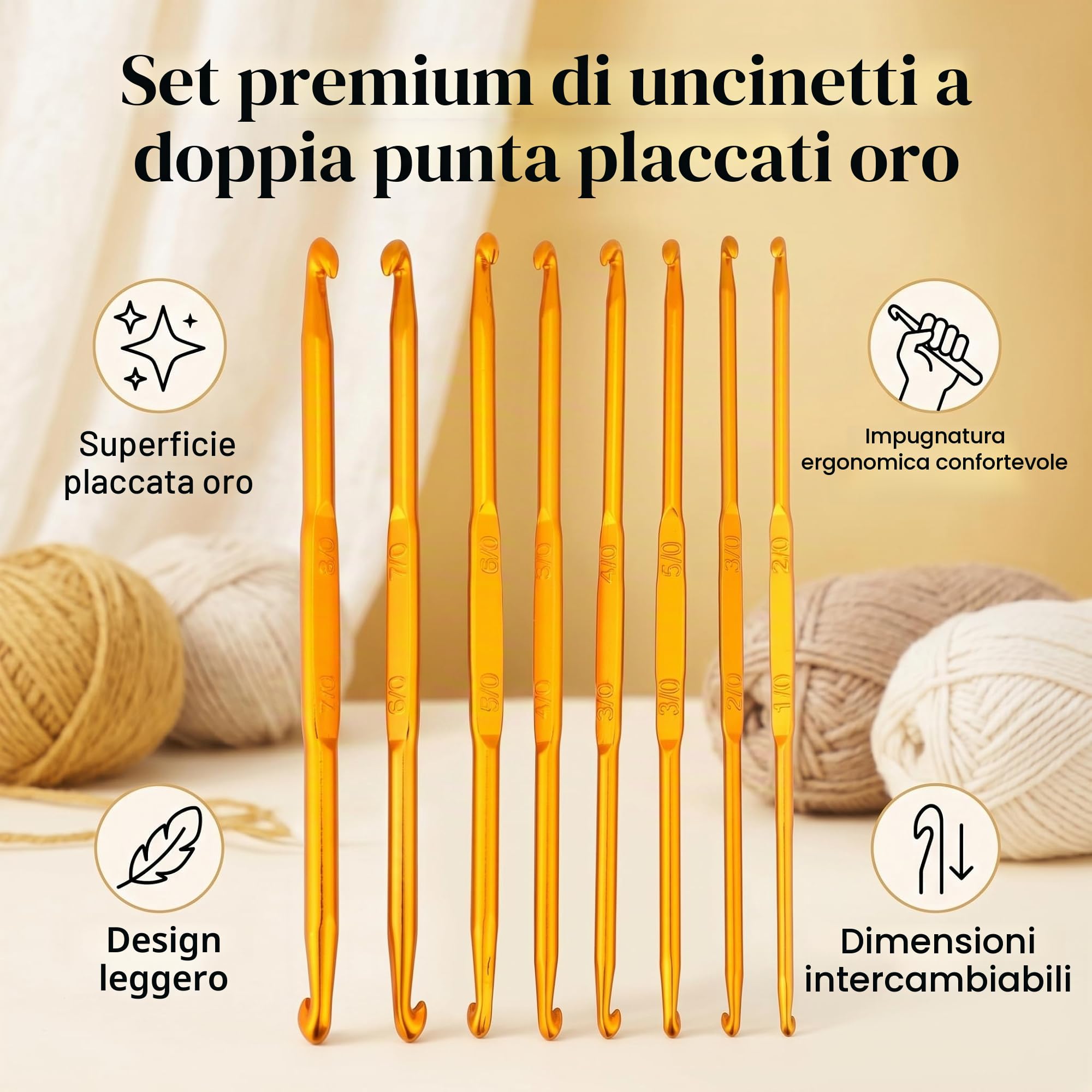 Set di Uncinetti Doppia Punta in Alluminio Ossidato Oro, Kit Professionale