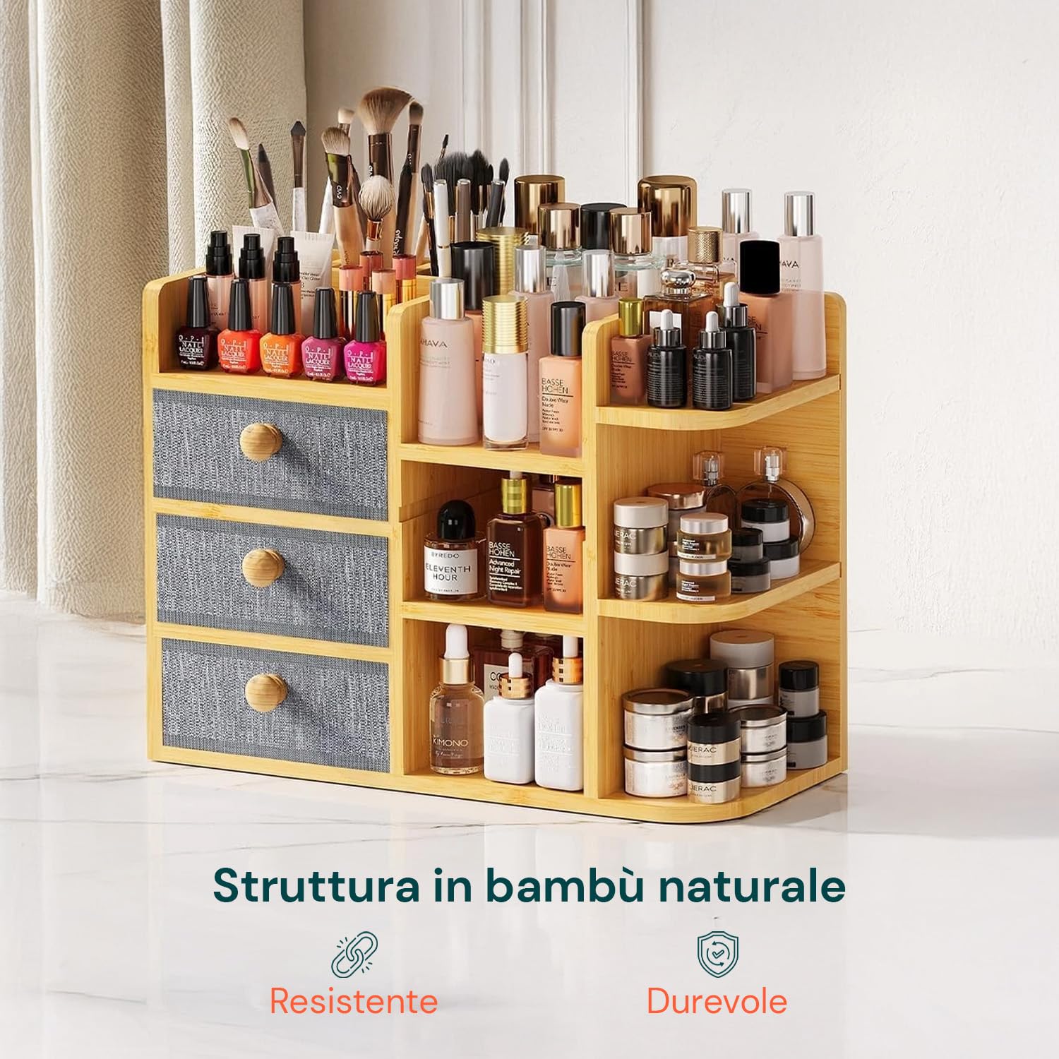 Avilia - Organizer Scrivania in Bambù Salvaspazio con Cassetti e Ripiani Regolabili Impermeabili, Organizzatore Scrivania Multiuso per Ufficio e Bagno, con Struttura Compatta e Design Moderno