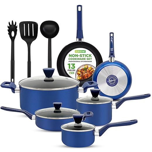 NutriChef 13 Pcs. Nonstick Kitchen Cookware PTFE/PFOA/PFOS-Free Heat Resistant Kitchenware Set w/Saucepan, Frying Pans, Cooking Pots, Casserole, Lids, & Utensils, Blue NCCWA13BU