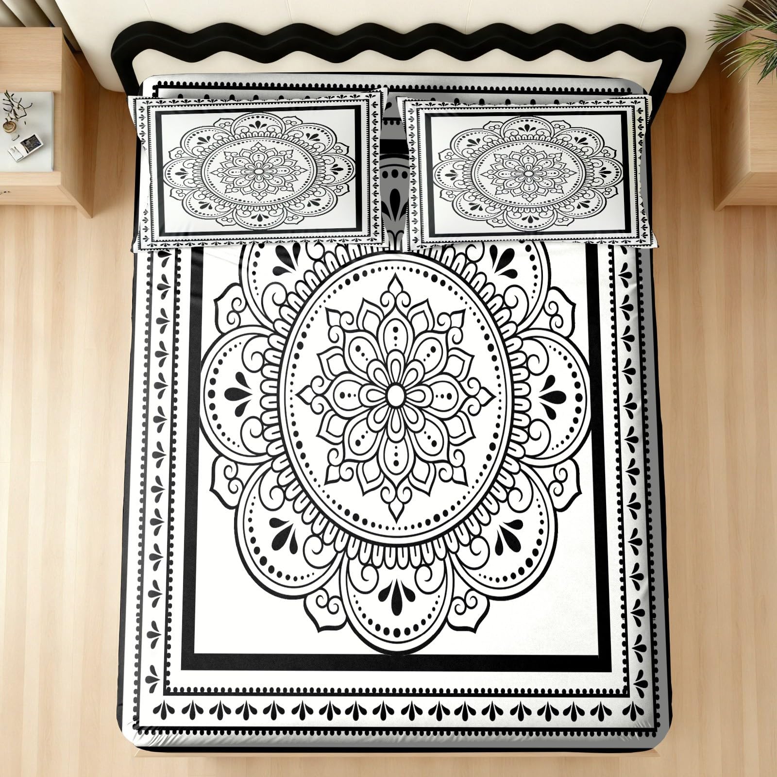 Vintage Boho Spannbettlaken Indisch Mandala Bettlaken Schwarz 140x200cm | Boho 140x200 Weiß Mandala Spannbetttuch Spannleintuch Boxspringbett für Matratzen bis 30 cm Höhe mit 1 Kissenbezüge