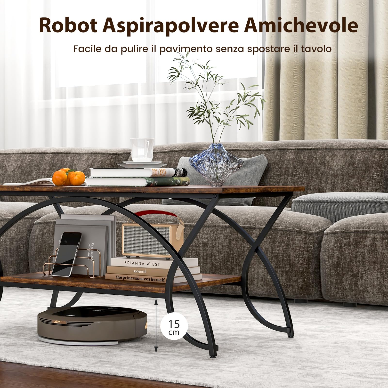 COSTWAY Tavolino da Caffè da Salotto, Tavolino Rettangolare a 2 Livelli con Struttura in Metallo, Tavolino Elegante e Moderno per Studio, Ufficio e Soggiorno, 100 x 50 x 45 cm (marrone e nero)