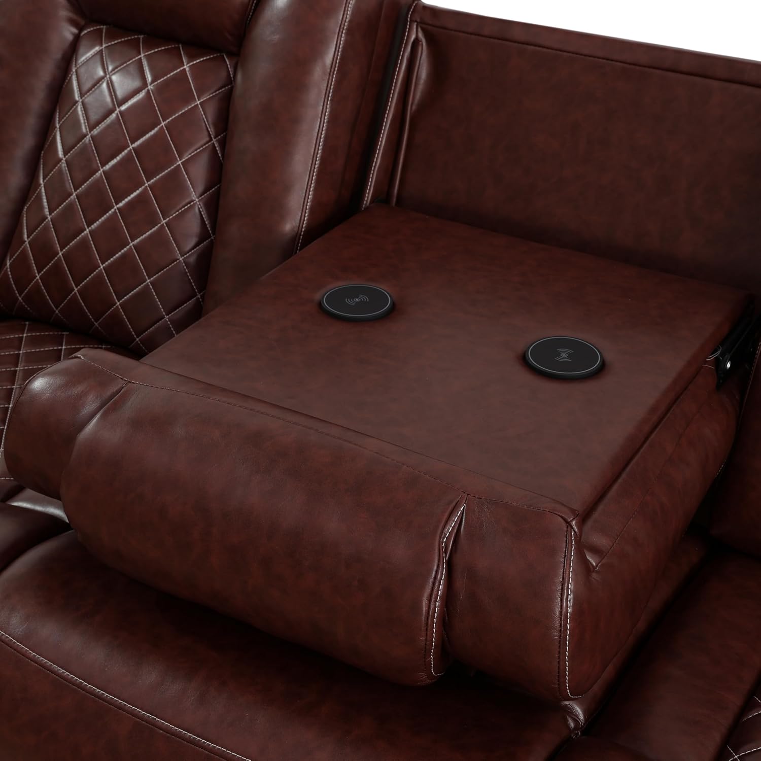 Power Reclining Sofa Set with LED Lights, Leather Recliner Couch Set with USB Ports, Cup Holders & Armrest Storage, Modern Breathable Living Room Furniture (3 Piece, Brownish Red)