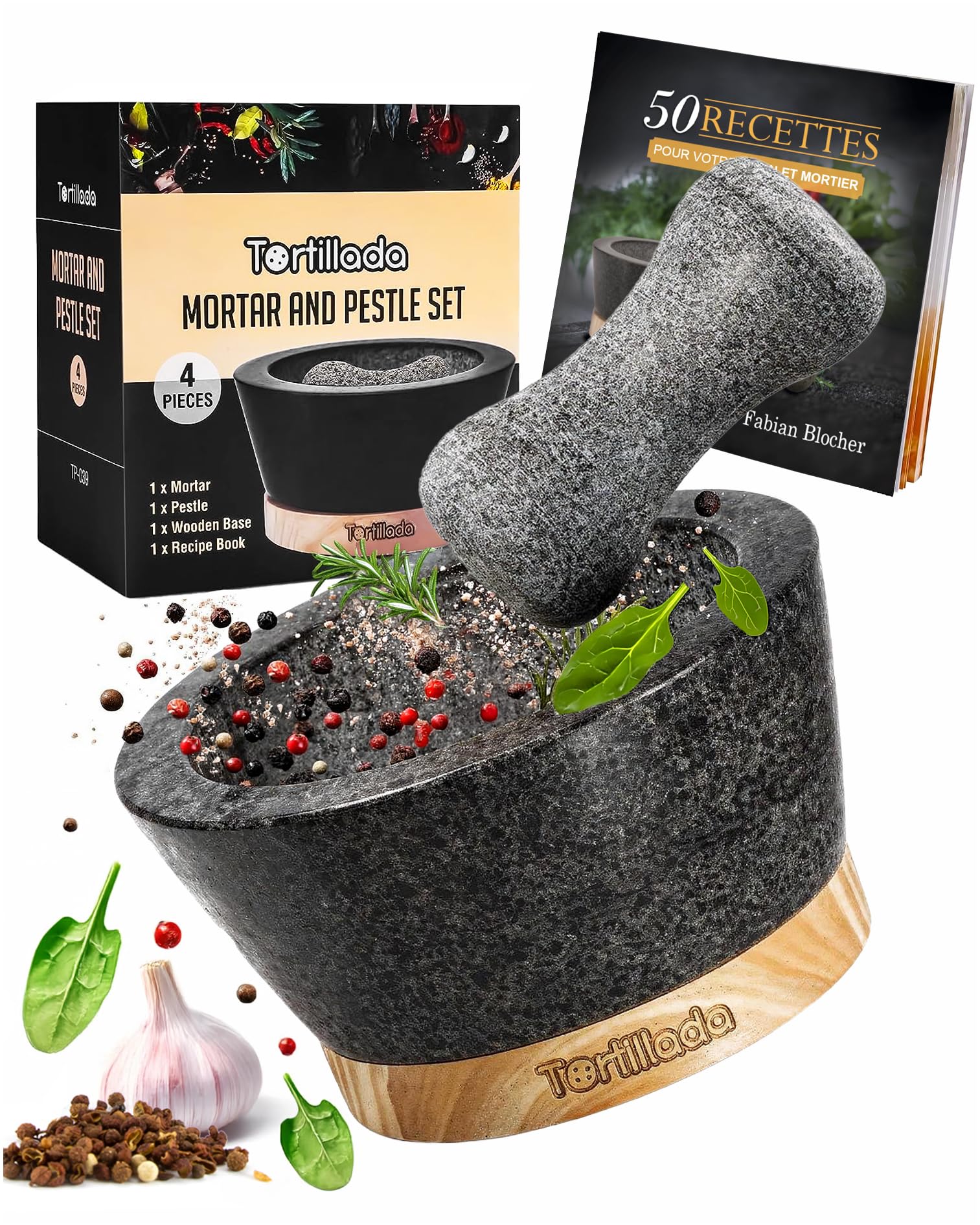 Tortillada - XXL Ensemble mortier et pilon de 16 cm en granit naturel avec base en bois anti-rayures Moulin à épices et à herbes en granit Broyeur de pilules avec 50 recettes, Noir
