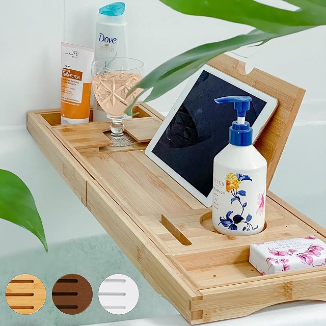 Deep Calm Bath Caddy  Extendable Bath Tray Holds Book, iPad, Tablet, Phone, Wine Glass, Candle - Adjustable Bathtub Table  Luxury, Natural Bamboo Bath Shelf (Natural)