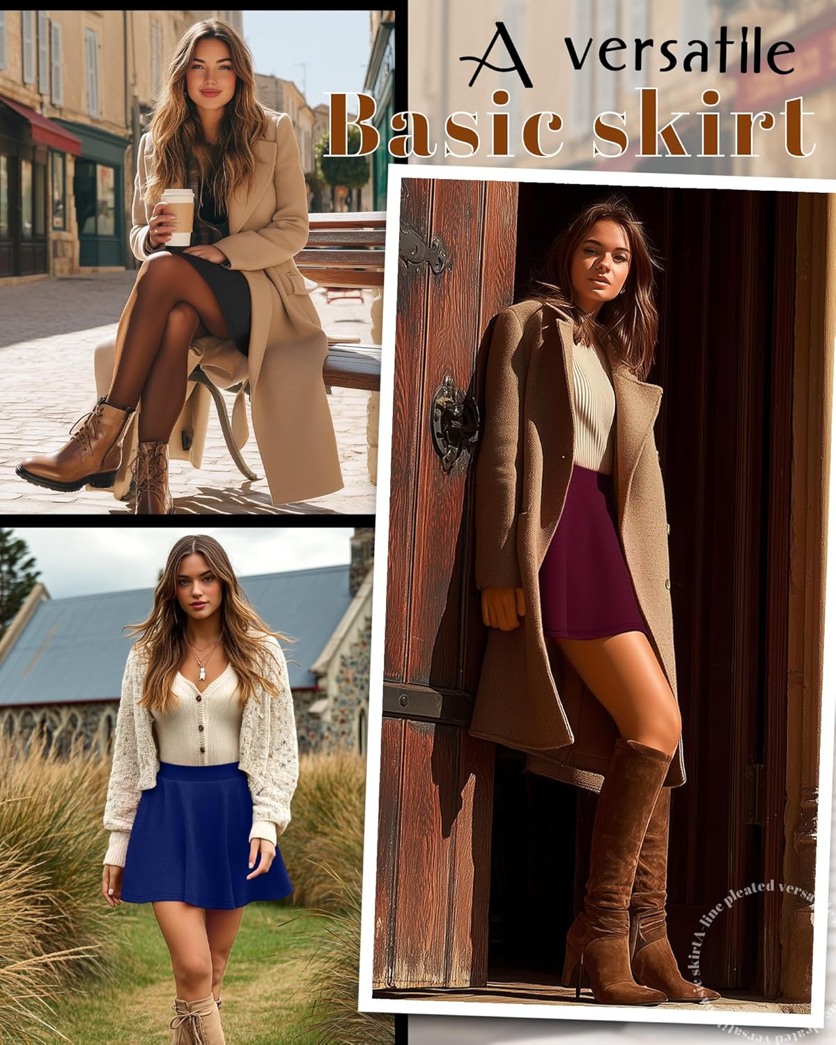 Neer 3 Pack Women's Casual Mini Skater Skirts, Stretchy Flared High Waist a Line Pleated Versatile Basic Skirts with Shorts(Wine Red, Royal Blue, Black,Large) - Image 4