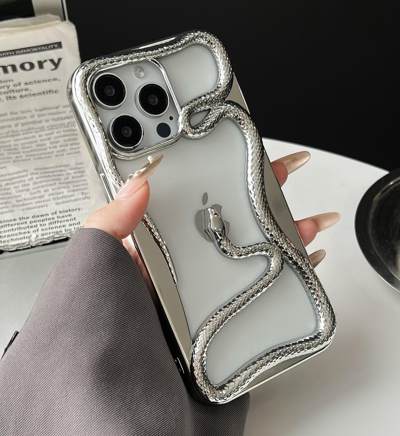 for iPhone 13 Frame Case,Luxury Fashion Unique 3D Snake Design Cute Slim Bling Frame Bumper Soft TPU Cover for Women Girls Man Phone Skin,Silver