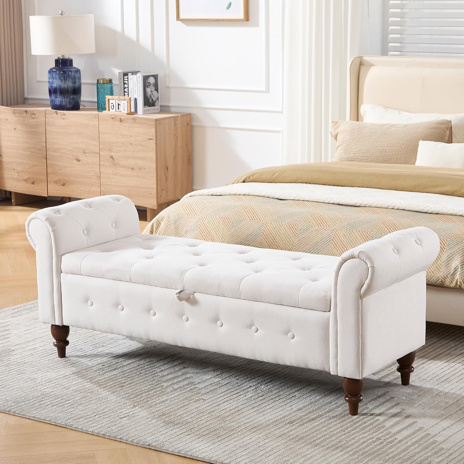 KIVENJAJA 63" End of Bed Storage Bench for Bedroom, Linen Upholstered Storage Ottoman Bench with Rolled Arm, Modern Comfy End of Bed Couch for Living Room, Entryway, Hallway, Window, Beige