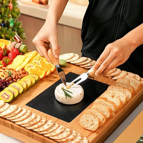 Miniatura 8 de Juego de tablas de charcutería extra grandes de 33.7 x 15.7 pulgadas, juego de tabla de queso y cuchillos 100% de bambú, bandeja de plato de queso