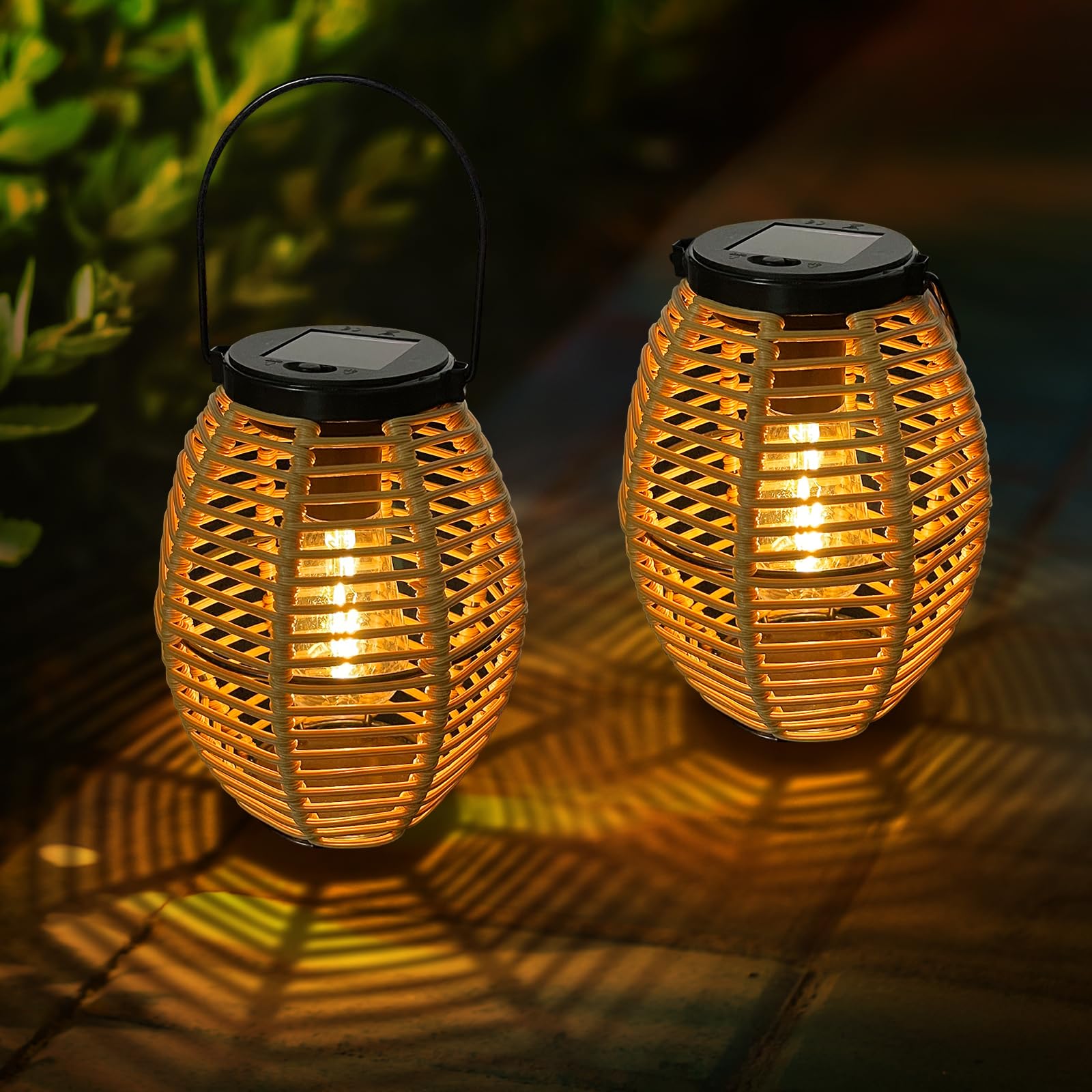 Garten Solarlampen für Außen Hängend,2 Stücke Rattan Solar Laternen für Draußen mit Helle LED-Glühbirne,IP44 Wasserdicht Solarleuchten Gartendeko für Draußen für Patio Terrasse Balkon Deko Wetterfest