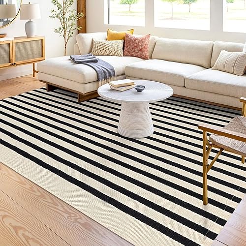 Miniatura 2 de KOZYFLY Alfombra a rayas negras y beige de 5 x 8 pies, lavable para interiores y exteriores, alfombra de algodón para patio al aire libre, alfombra
