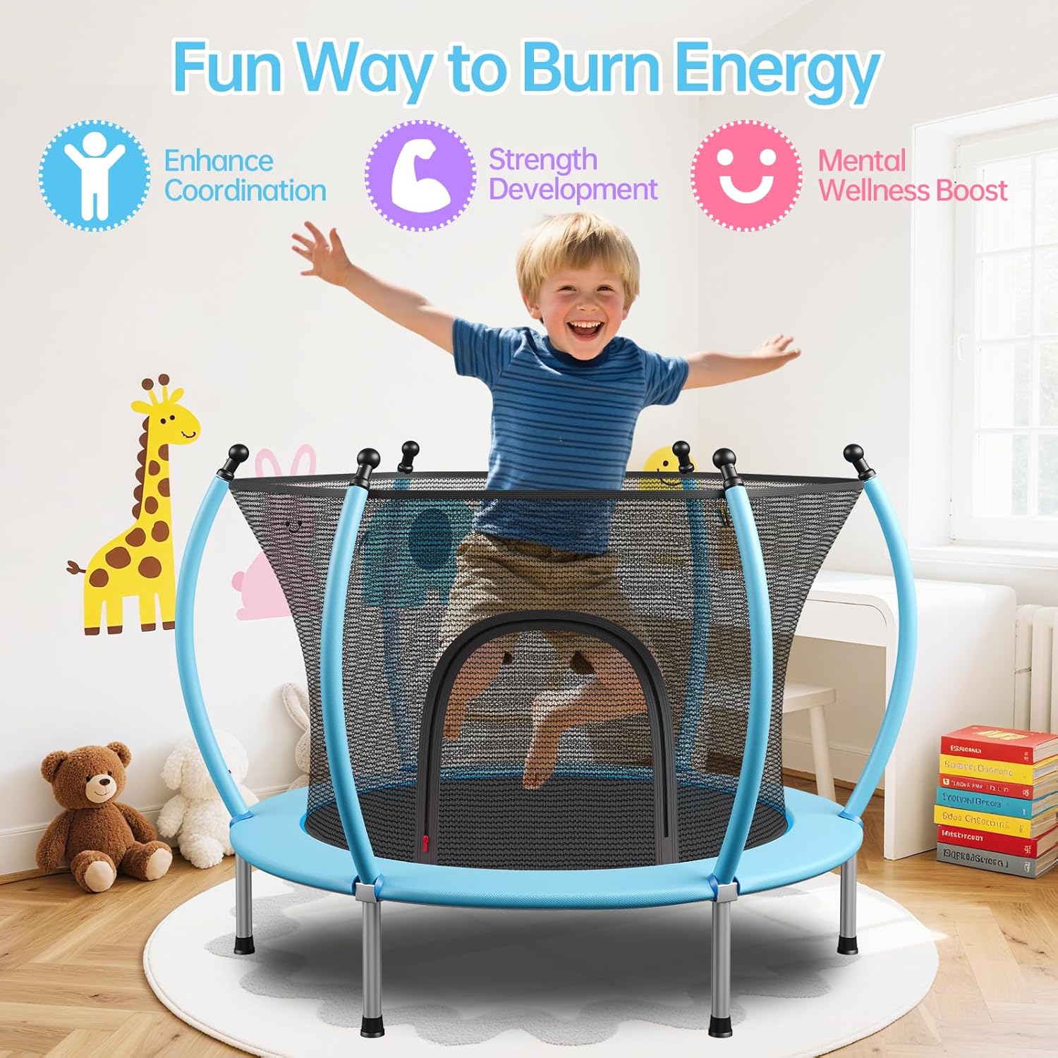 55/60" Trampoline for Kids, 4.5/5 FT Toddler Trampoline with Enclosur Net, Basketball Hoop & Sandbag, 440 LBS Capacity, Adjustable Height,Gifts for Ages 3-12 Boys & Girls - Image 3