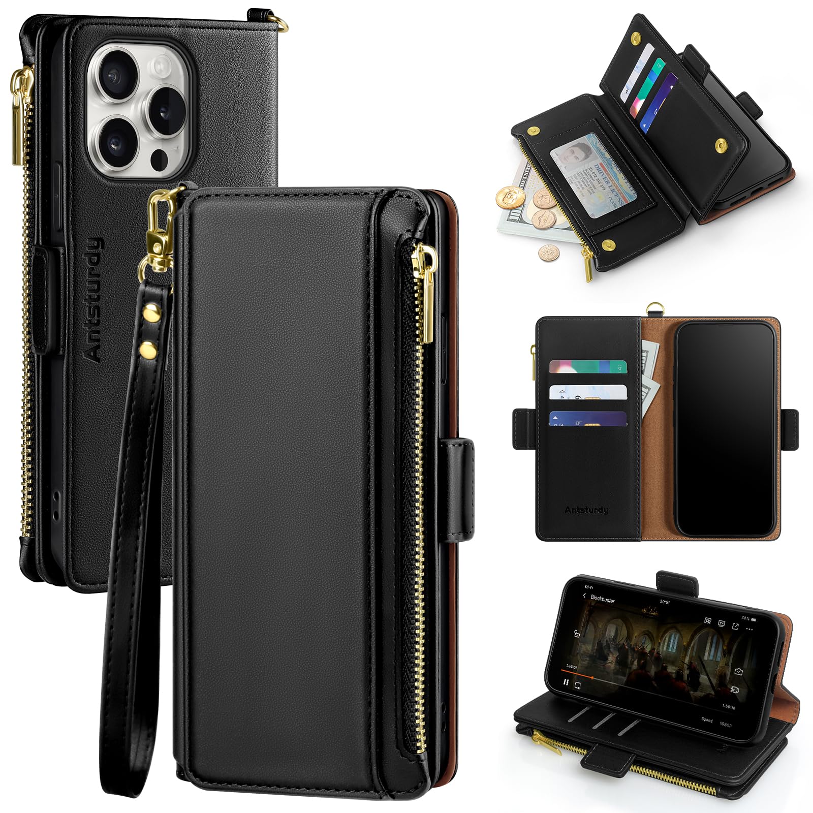 Antsturdy for iPhone 13 Pro Phone Wallet Case Women,Black | RFID Blocking,with Credit Card Holder Slots,PU Leather Purse,Zipper Pocket,Wrist Strap