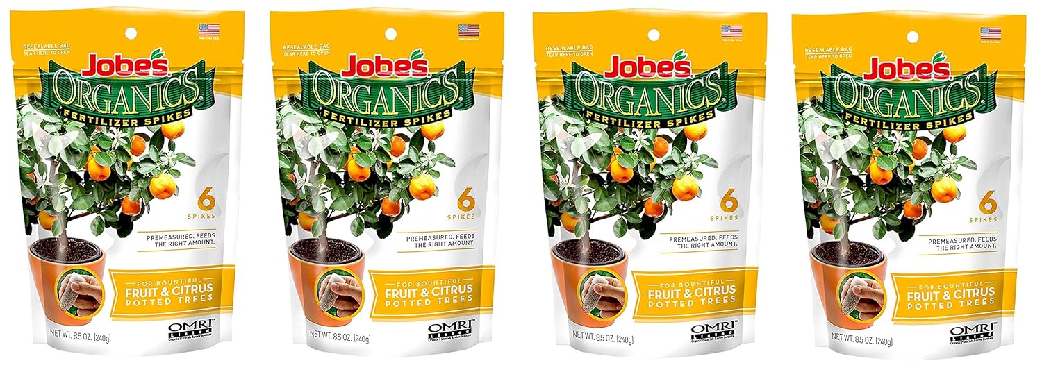 Jobe’s Organics Fruit & Citrus Tree Fertilizer Spikes, 3-5-5 Time Release Fertilizer for All Container or Indoor Fruit Trees, 6 Spikes per Package (4)